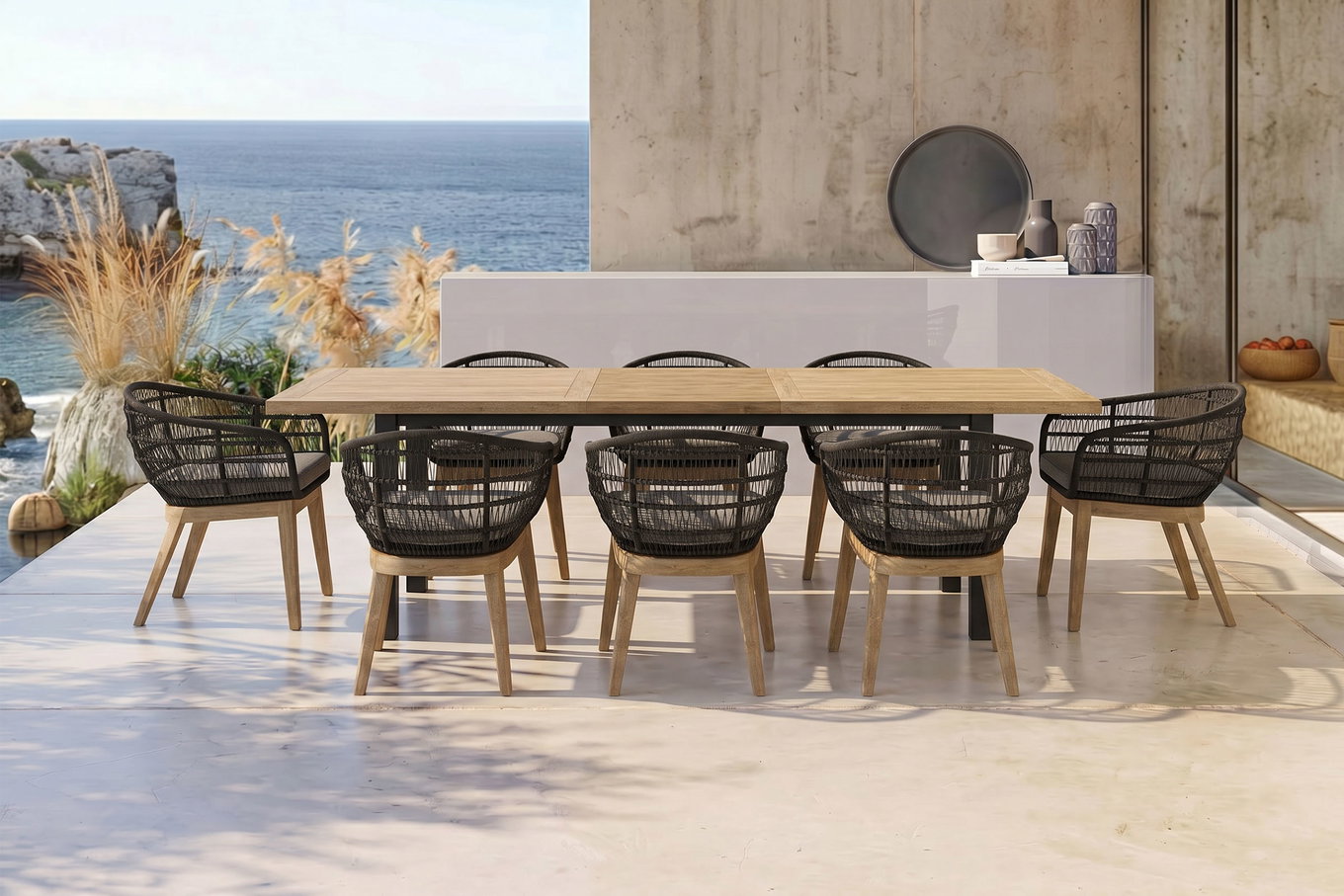 OUTFLEXX Oxford Garten-Essgruppe, anthrazit/natur, Edelstahl/recycled Teak/Rope, 200/260 x 100 cm, 8x Sessel, FSC®-zertifiziertes Produkt
