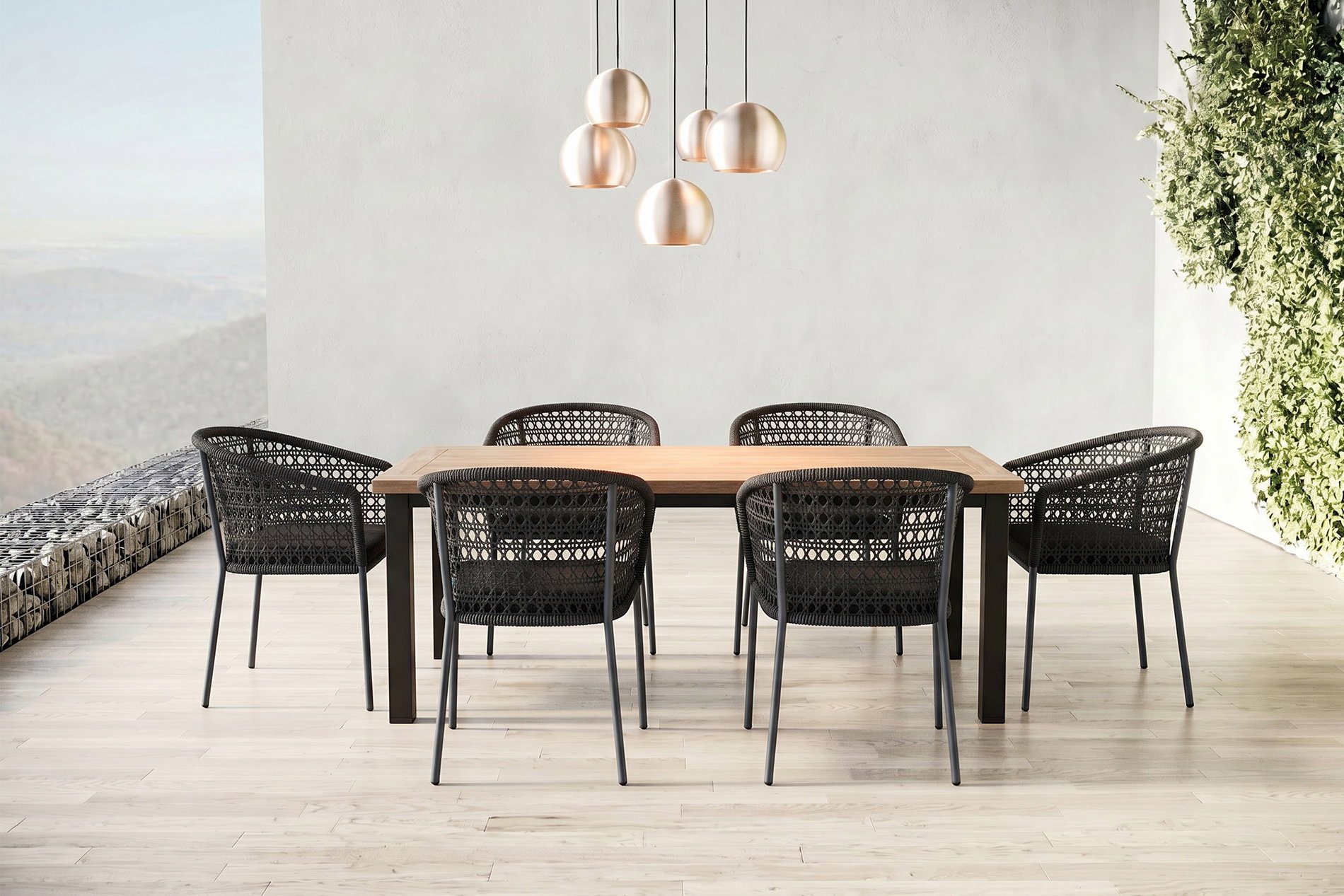 OUTFLEXX Oxford/Zui Garten-Essgruppe, anthrazit/dunkelgrau, Edelstahl/recycled Teak/Rope, 200/260 x 100 cm, 6x Sessel, inkl. Polster