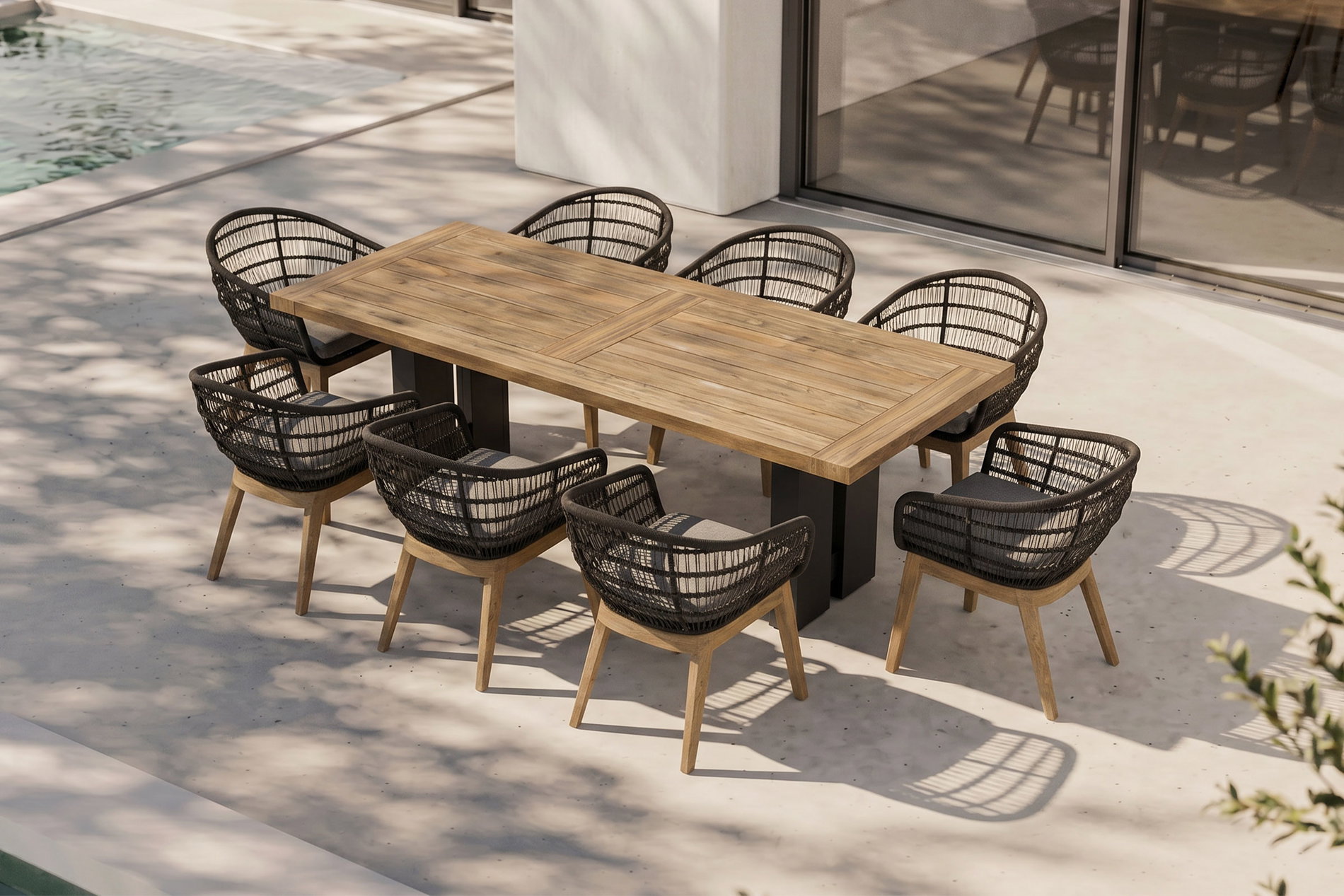 OUTFLEXX Bob Garten-Essgruppe, anthrazit/natur, Alu/recycled Teak/Rope, 220 x 100 cm, 8 x Sessel, FSC®-zertifiziertes Produkt