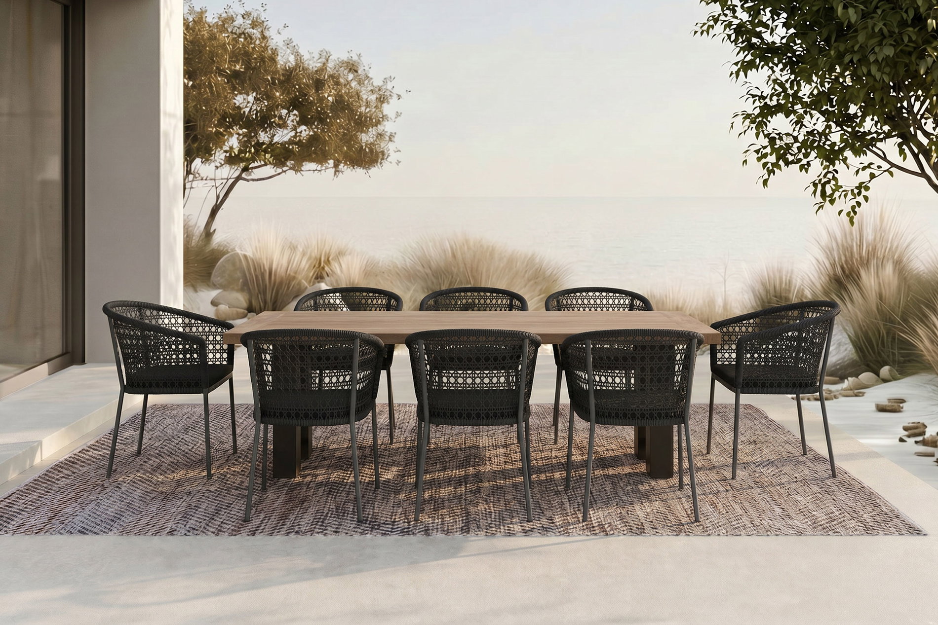 OUTFLEXX Bob/Zui Garten-Essgruppe, anthrazit/dunkelgrau, Alu/recycled Teak/Rope, 220 x 100 cm, 8 x Sessel, inkl. Polster