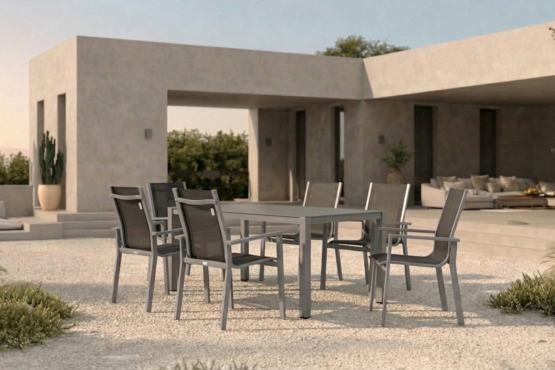 OUTFLEXX Garten-Essgruppe, silber/anthrazit, Alu/Spraystone/Textilen, 160x95 cm, 6 Stapelsessel OUTFLEXX Garten-Essgruppe, silber/anthrazit, Alu/Spraystone/Textilen, 160x95 cm, 6 Stapelsessel