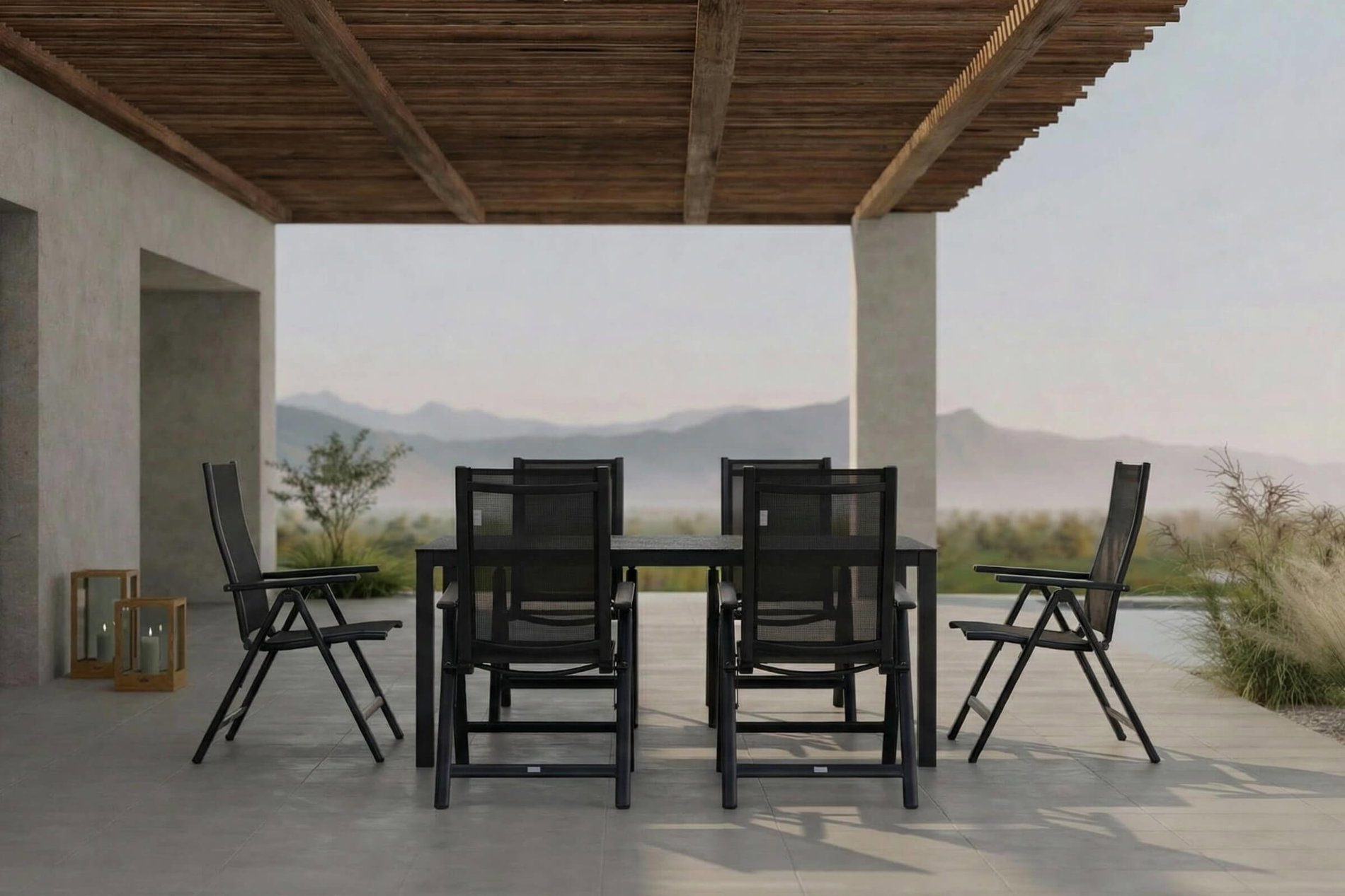 OUTFLEXX Garten-Essgruppe, anthrazit, Alu/Spraystone/Textilen, 160x95 cm, 6 Klappstühle OUTFLEXX Garten-Essgruppe, anthrazit, Alu/Spraystone/Textilen, 160x95 cm, 6 Klappstühle