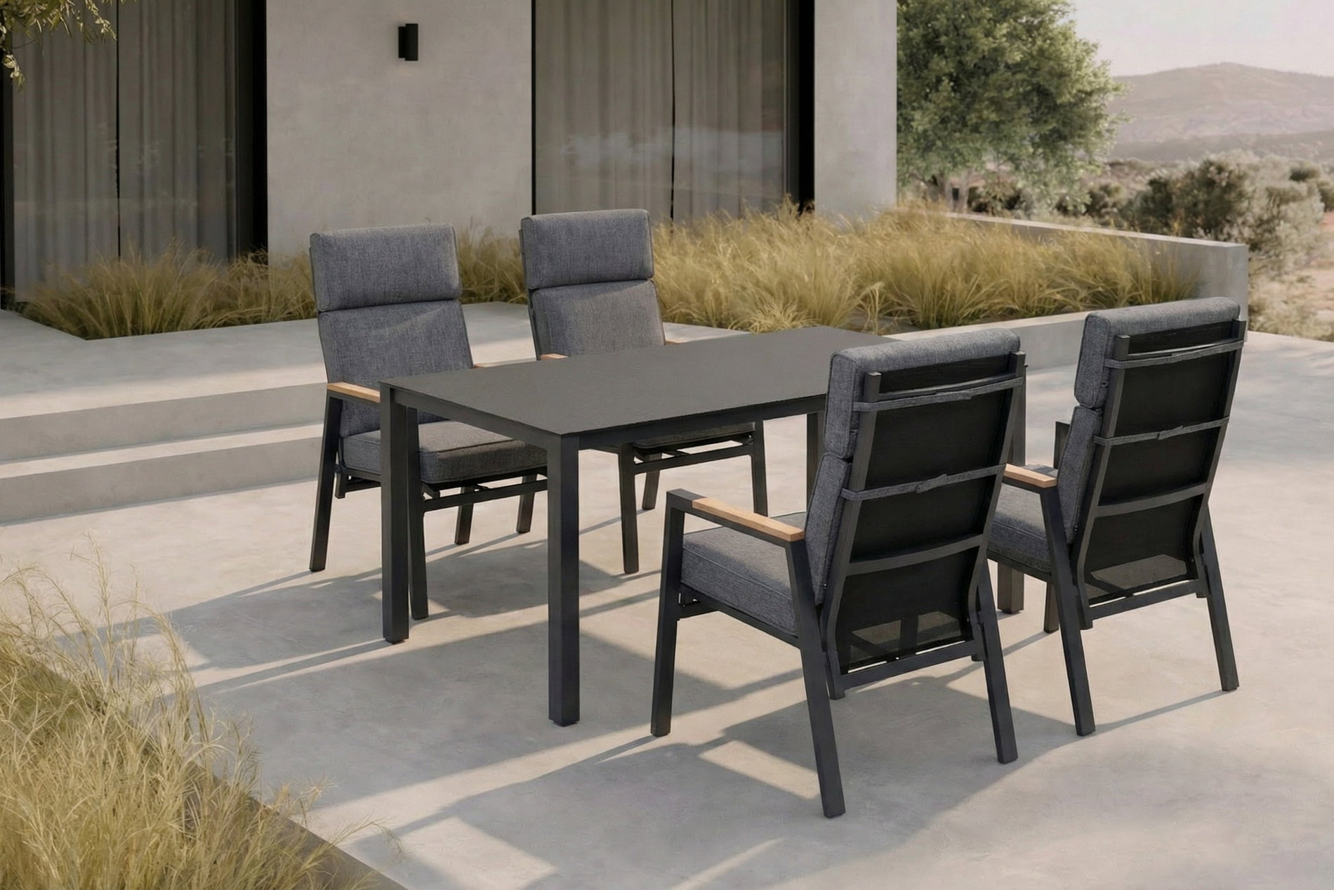 OUTFLEXX Garten-Essgruppe, anthrazit matt, Alu/Spraystone/Polyester, 160x95 cm, 4 Sessel, inkl. Polster OUTFLEXX Garten-Essgruppe, anthrazit matt, Alu/Spraystone/Polyester, 160x95 cm, 4 Sessel, inkl. Polster