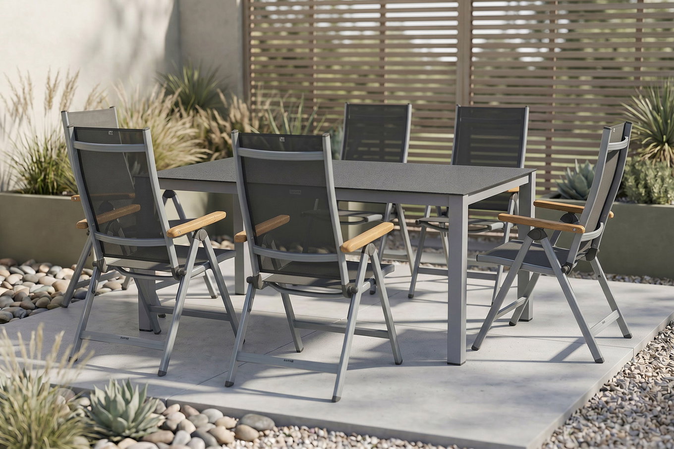 KETTLER Granada Garten-Essgruppe, silber/anthrazit, Alu/Spraystone/Textil, 160 x 95 cm, 6 Klappstühle