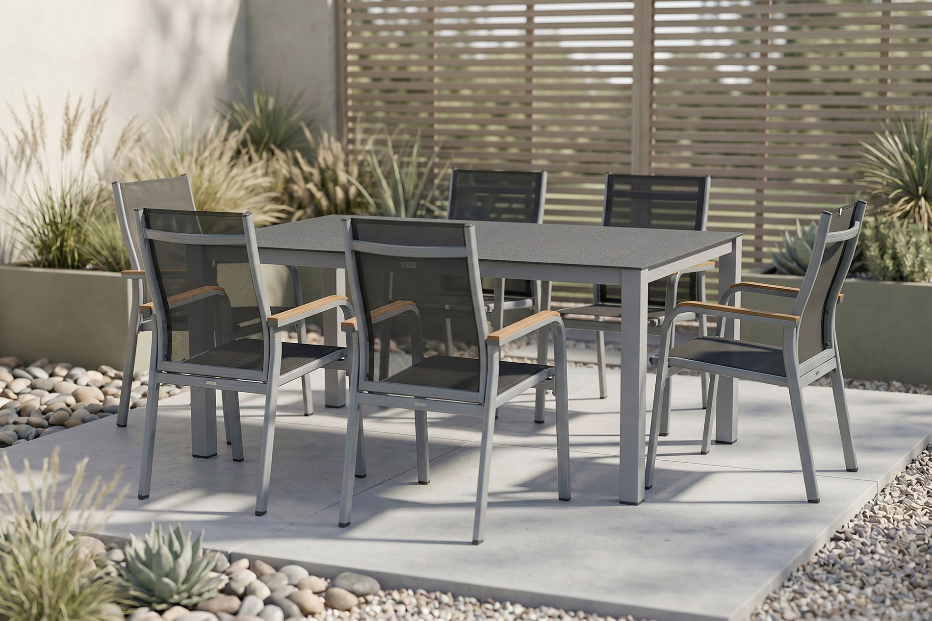 KETTLER Granada Garten-Essgruppe, silber/anthrazit, Alu/Spraystone/Textil, 160x95 cm, 6 Stapelsessel