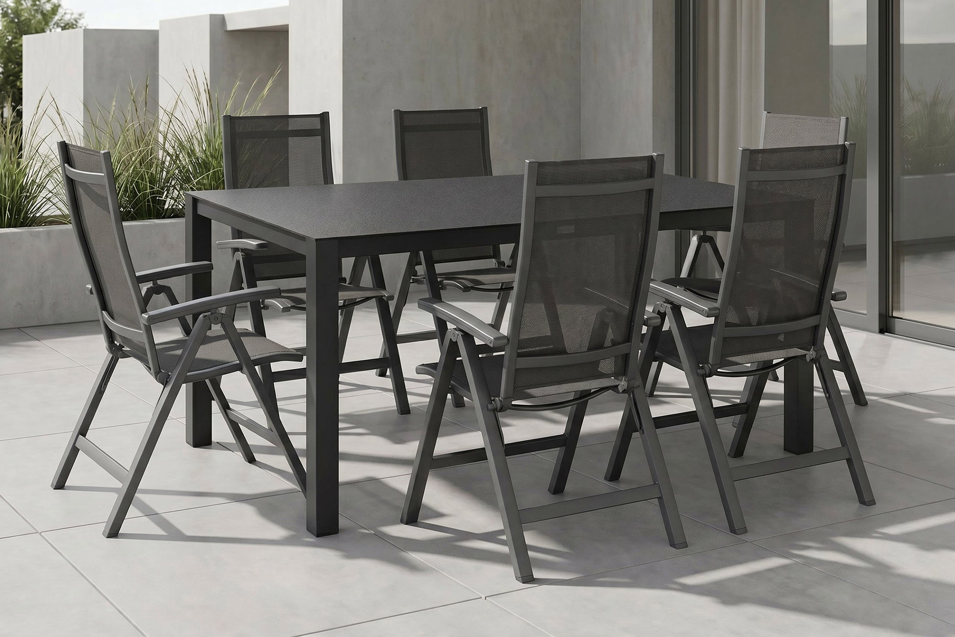 KETTLER Altura Garten-Essgruppe, anthrazit, Alu/Spraystone/Textil, 160 x 95 cm, 6 Klappstühle KETTLER Altura Garten-Essgruppe, anthrazit, Alu/Spraystone/Textil, 160 x 95 cm, 6 Klappstühle