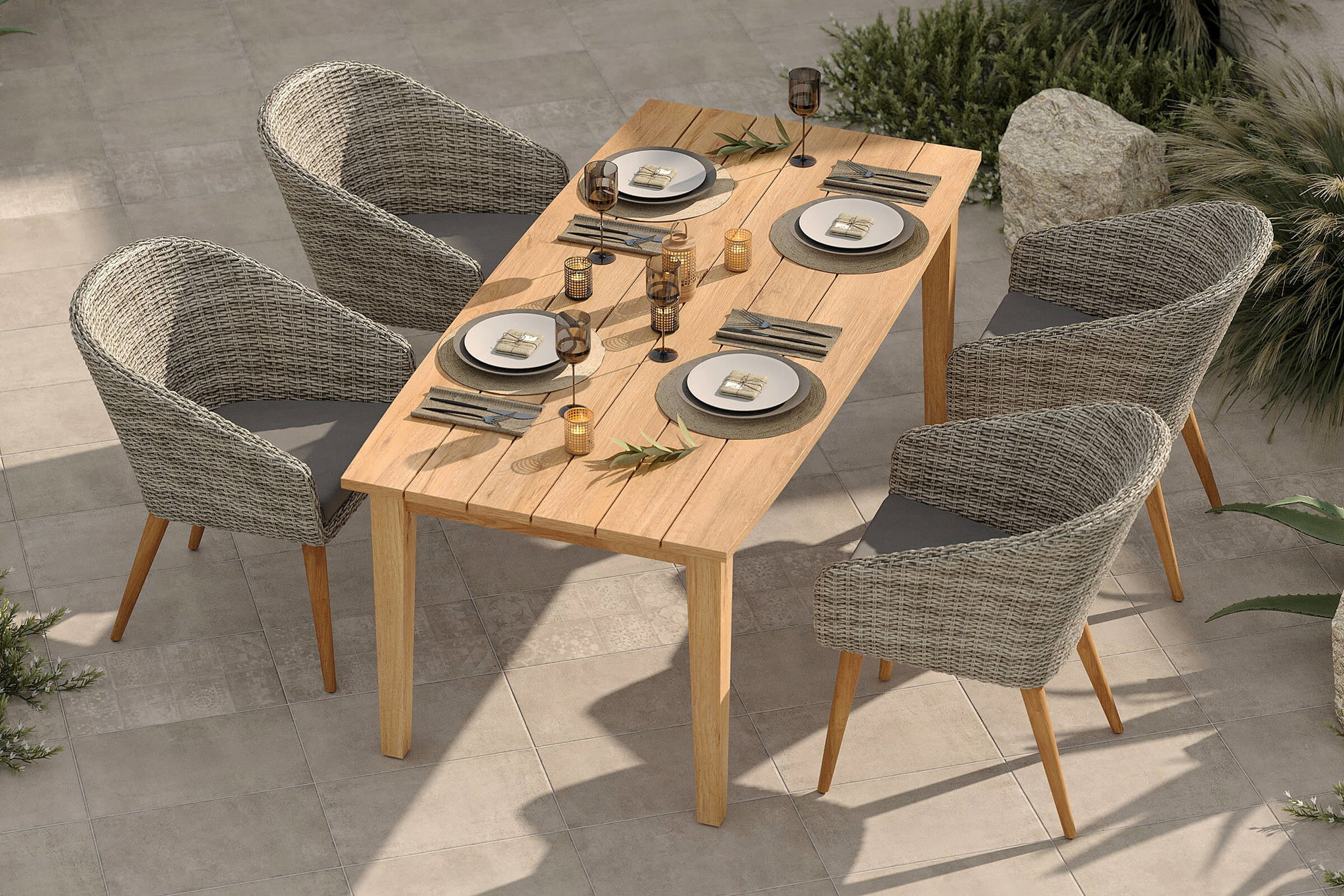 OUTFLEXX Borneo/Kota Garten-Essgruppe, natur/grau-meliert, Akazie/Alu/Polyrattan, 180x90cm, 4 Cocktailsessel, FSC®-zertifiziertes Produkt OUTFLEXX Borneo/Kota Garten-Essgruppe, natur/grau-meliert, Akazie/Alu/Polyrattan, 180x90cm, 4 Cocktailsessel, FSC®-zertifiziertes Produkt