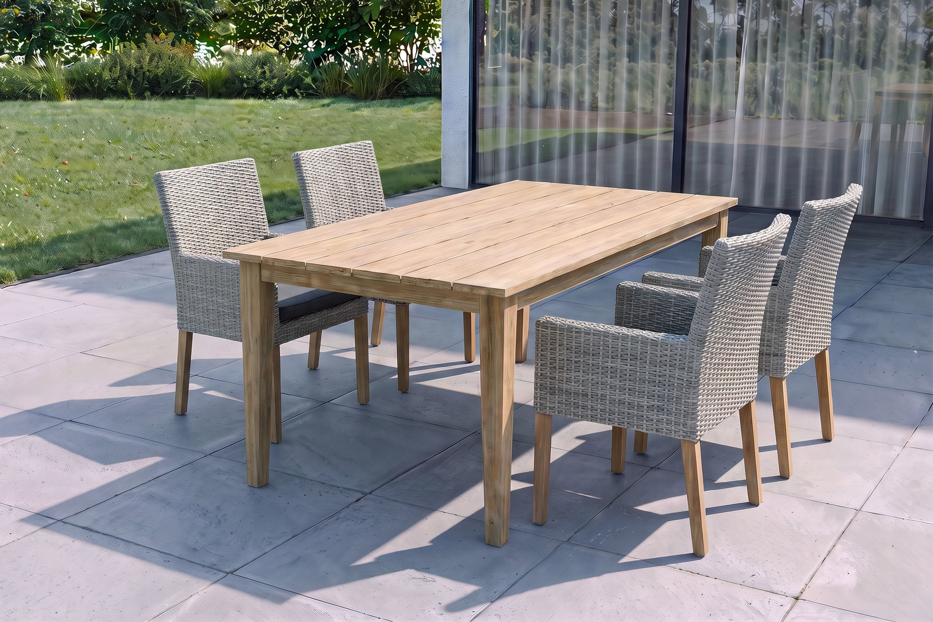 OUTFLEXX Borneo/Kota Garten-Essgruppe, natur/grau-meliert, Akazie/Alu/Polyrattan, 180x90cm, 4 Landhaussessel, FSC®-zertifiziertes Produkt OUTFLEXX Borneo/Kota Garten-Essgruppe, natur/grau-meliert, Akazie/Alu/Polyrattan, 180x90cm, 4 Landhaussessel, FSC®-zertifiziertes Produkt