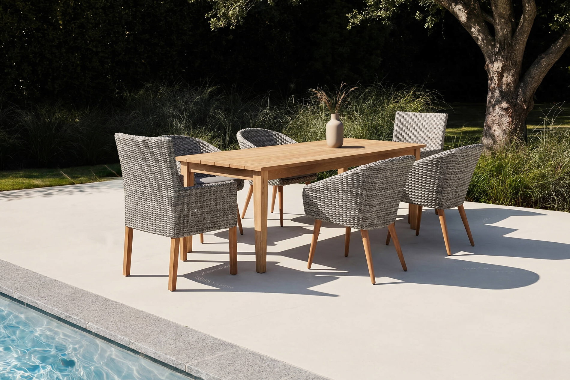 OUTFLEXX Borneo/Kota Garten-Essgruppe, natur/grau-meliert, Akazie/Alu/Polyrattan, 180x90cm, 4 Cocktailsessel, 2 Landhaussessel, FSC®-zertifiziertes Produkt OUTFLEXX Borneo/Kota Garten-Essgruppe, natur/grau-meliert, Akazie/Alu/Polyrattan, 180x90cm, 4 Cocktailsessel, 2 Landhaussessel, FSC®-zertifiziertes Produkt