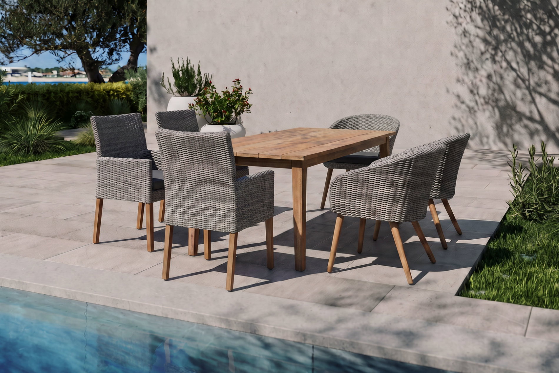 OUTFLEXX Borneo/Kota Garten-Essgruppe, natur/grau-meliert, Akazie/Alu/Polyrattan, 180x90cm, 3 Cocktailsessel, 3 Landhaussessel, FSC®-zertifiziertes Produkt OUTFLEXX Borneo/Kota Garten-Essgruppe, natur/grau-meliert, Akazie/Alu/Polyrattan, 180x90cm, 3 Cocktailsessel, 3 Landhaussessel, FSC®-zertifiziertes Produkt
