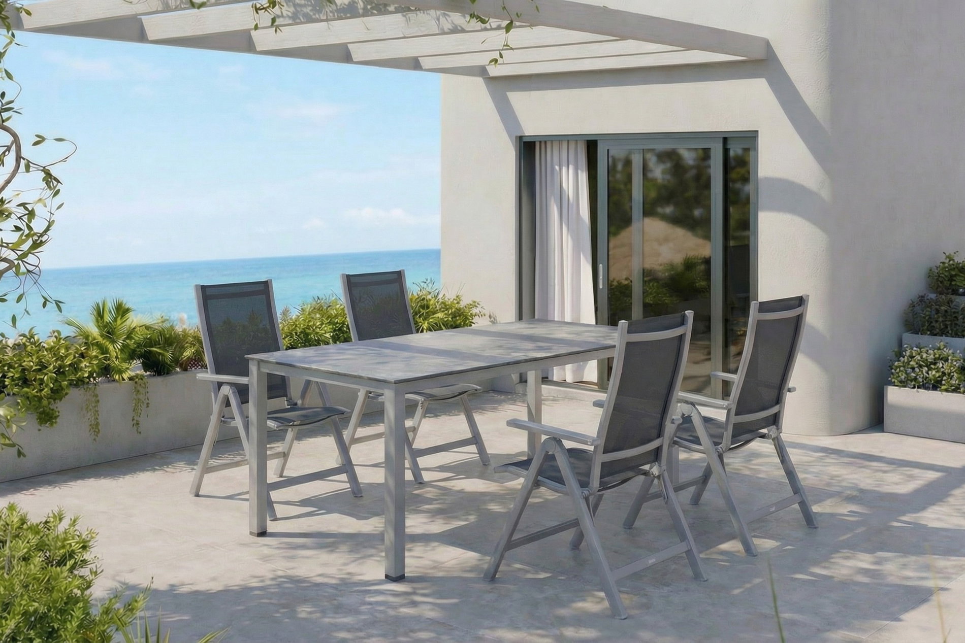 KETTLER Cubic Garten-Essgruppe, silber/anthrazit/grau, Alu/Textilene, Tisch 160 x 90 cm, 4 Klappstühle