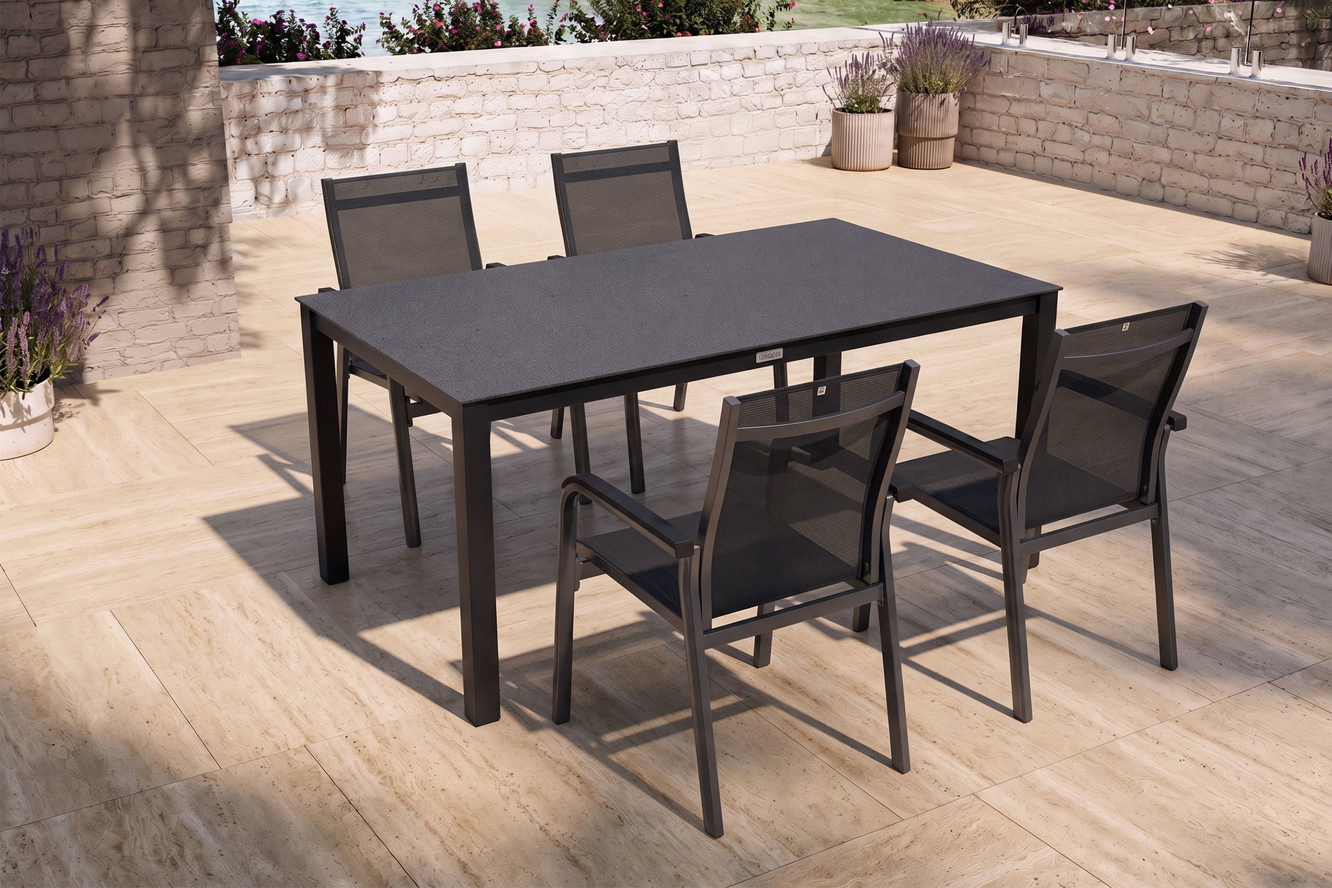KETTLER BasicPlus Premium Garten-Essgruppe, anthrazit, Alu/Spraystone, Tisch 160x95 cm, 4 Stapelsessel