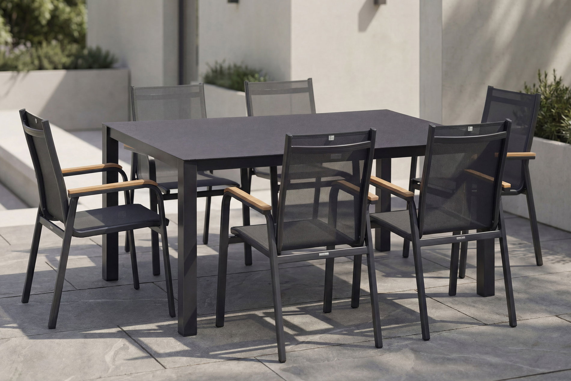 KETTLER Granada Garten-Essgruppe, Anthrazit, Alu/Spraystone, Tisch 160x95 cm, 6 Stapelsessel