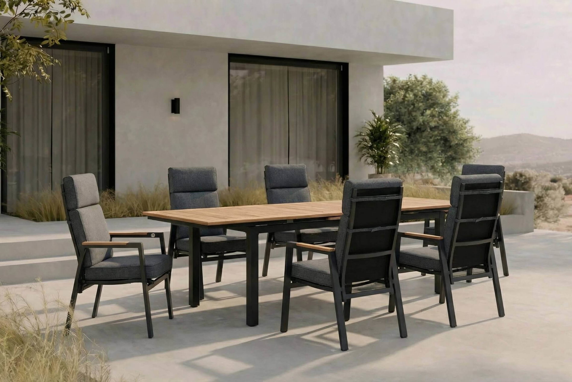 OUTFLEXX Garten-Essgruppe, Anthrazit, Aluminium/Teak, Ausziehtisch ca. 183/243 x 100 cm, 6x Sessel OUTFLEXX Garten-Essgruppe, Anthrazit, Aluminium/Teak, Ausziehtisch ca. 183/243 x 100 cm, 6x Sessel
