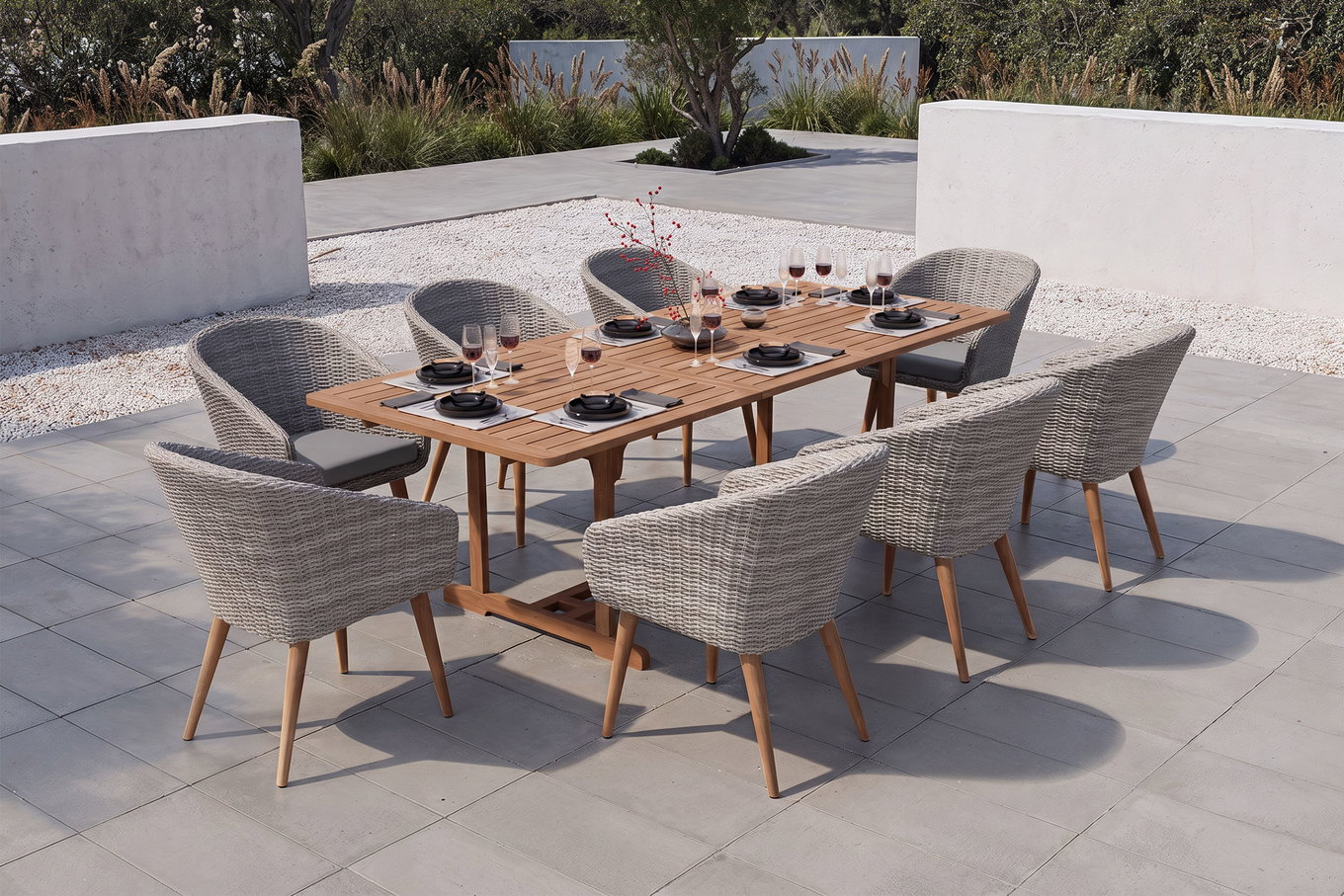 OUTFLEXX Kota Garten-Essgruppe, grau/natur, Akazie/Polyrattan/Aluminium, Ausziehtisch 180/240 x 100 cm, 8 Cocktail-Sessel 60 x 65 cm, FSC®-zertifiziertes Produkt