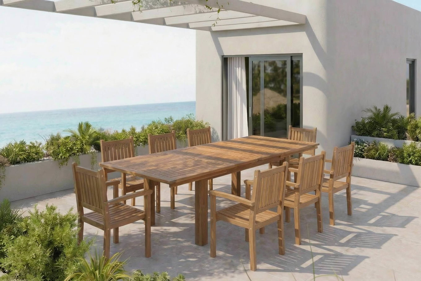 OUTFLEXX Garten-Essgruppe, natur, Akazie, Ausziehtisch 180/220/260 x 100 cm, 8 Gartenstühle, FSC®-zertifiziertes Produkt