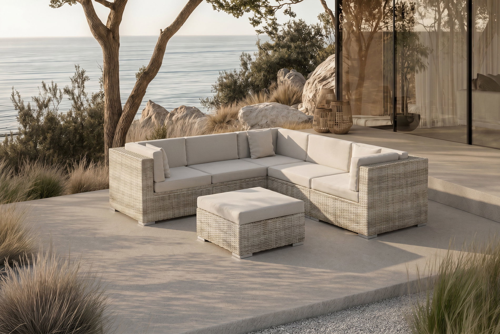 OUTFLEXX Gartenlounge für 5 Personen, 6-teilig, desert-beige, Alu/Polyrattan, mit Kissenboxfunktion, modular verstellbar OUTFLEXX Gartenlounge für 5 Personen, 6-teilig, desert-beige, Alu/Polyrattan, mit Kissenboxfunktion, modular verstellbar