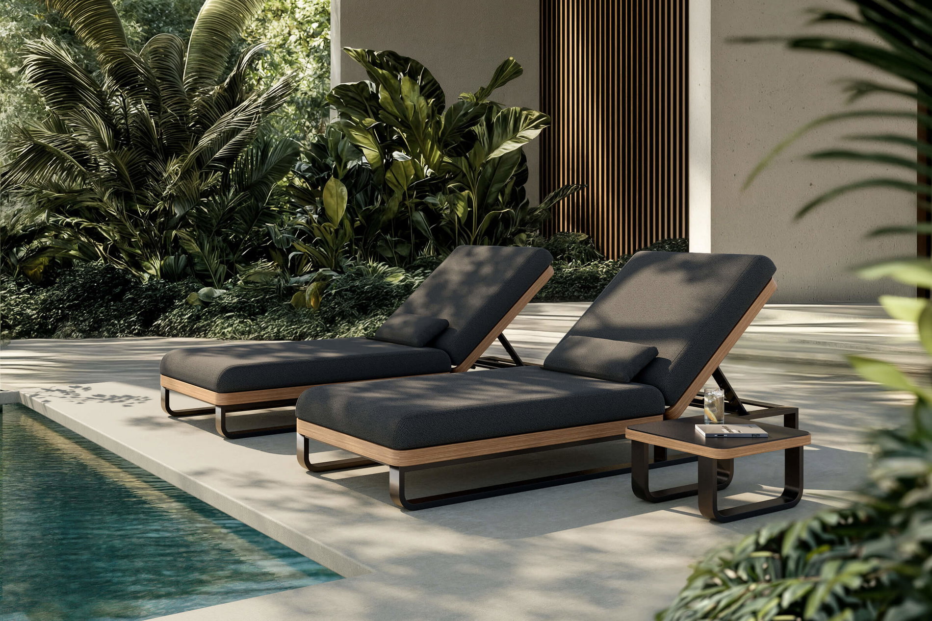 ploss Solera Gartenliegen 2er Set, anthrazit/schwarz, Alu/Polyester/Schaumstoff, 200 x 72 cm, verstellbare Rückenlehne, inkl. Beistelltisch