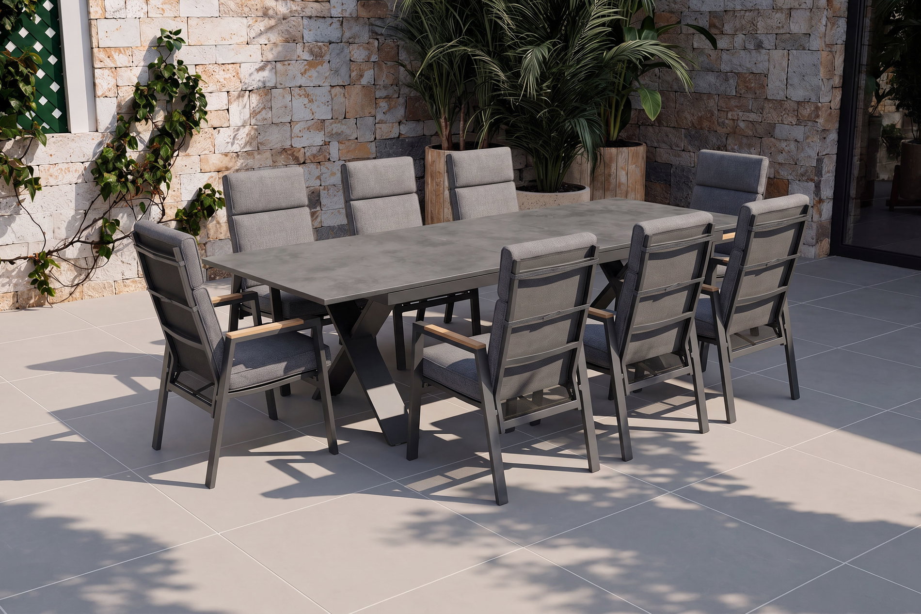 HARTMAN Xanadu Garten-Essgruppe, anthrazit/grau, Alu/Edelstahl/Glaskeramik/Polyester/Teakholz, 280 x 100 cm, ausziehbar, pulverbeschichtet, korrosionsbeständig, UV-beständig, Polster inklusive HARTMAN Xanadu Garten-Essgruppe, anthrazit/grau, Alu/Edelstahl/Glaskeramik/Polyester/Teakholz, 280 x 100 cm, ausziehbar, pulverbeschichtet, korrosionsbeständig, UV-beständig, Polster inklusive