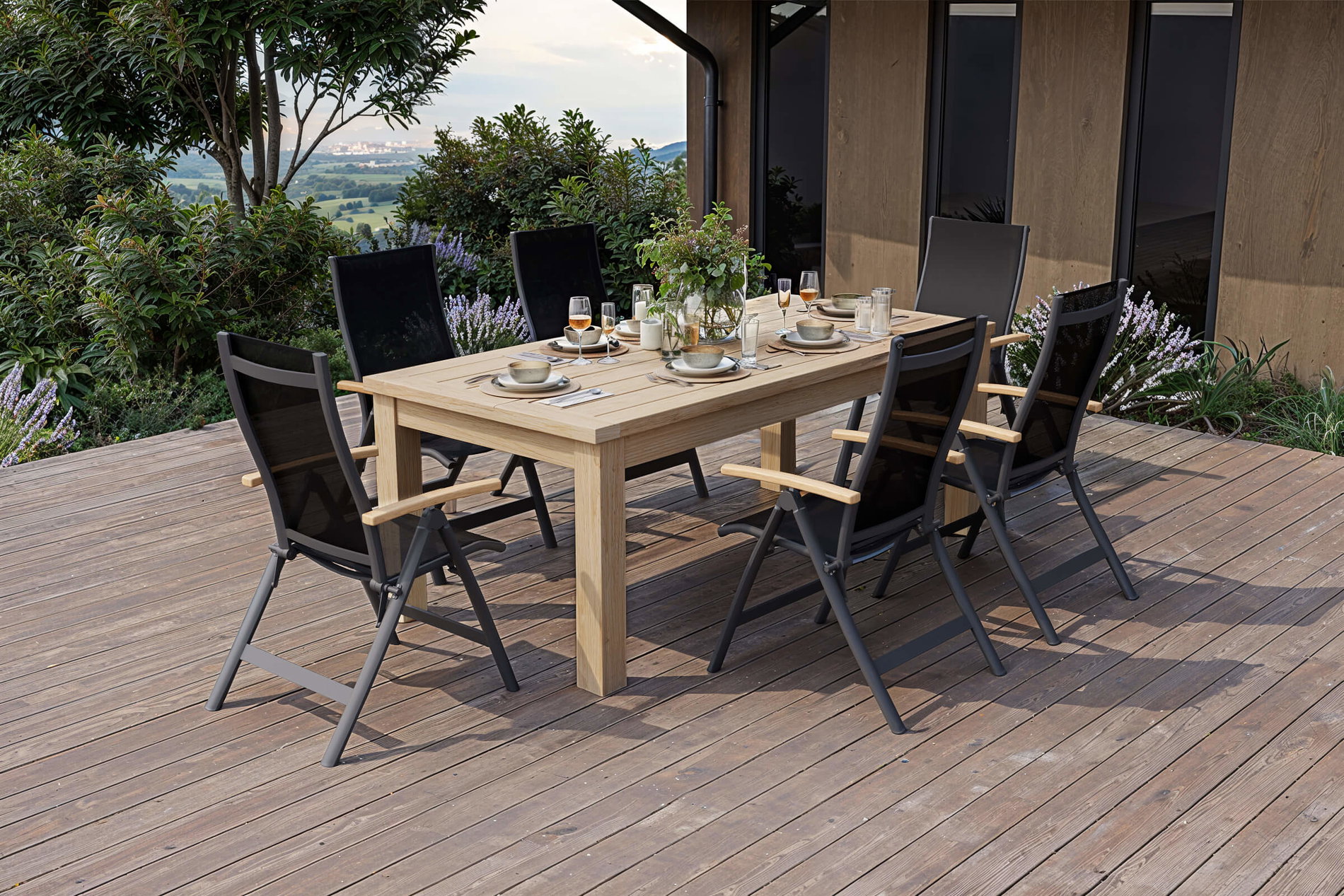 OUTFLEXX Zadar Garten-Essgruppe, natur/anthrazit, Alu/Textilene/Teak, Tisch 200 x 100 cm, klappbar, inkl. 6 Sessel