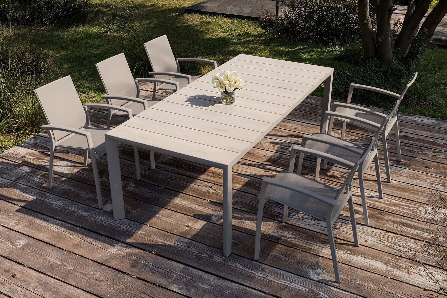 SIENA GARDEN Silva Garten-Essgruppe, silber/washed grey/weiß-grau, Alu/Keramik/Ranotex®, 220 x 100 cm, pulverbeschichtet, stapelbar
