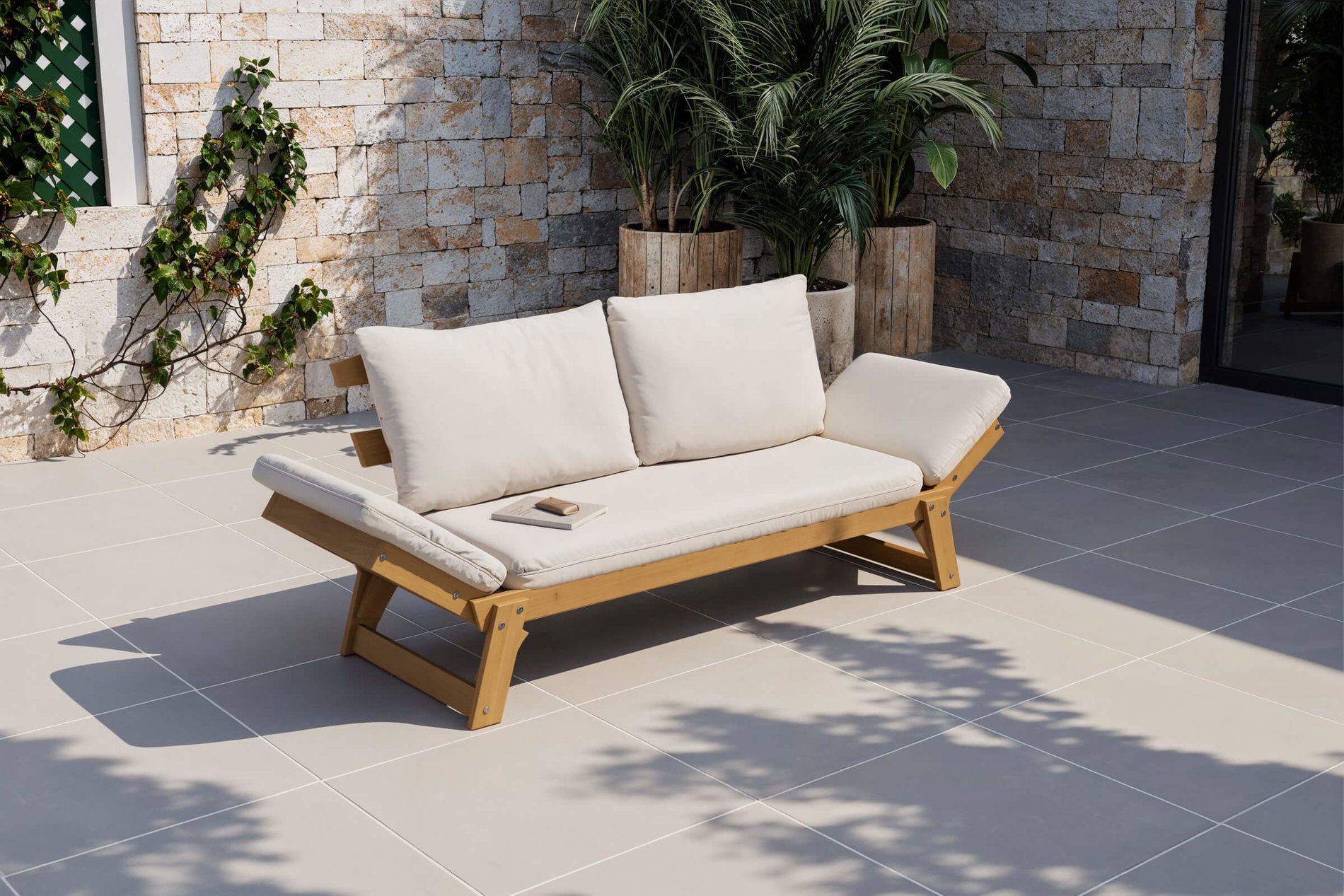 OUTFLEXX Bali Lounge/Liege, creme/natur, Akazie/Polyester, ge&ouml;lt, 198 x 68 x 78 cm, verstellbar, inkl. Kissen, FSC&reg;-zertifiziertes Produkt