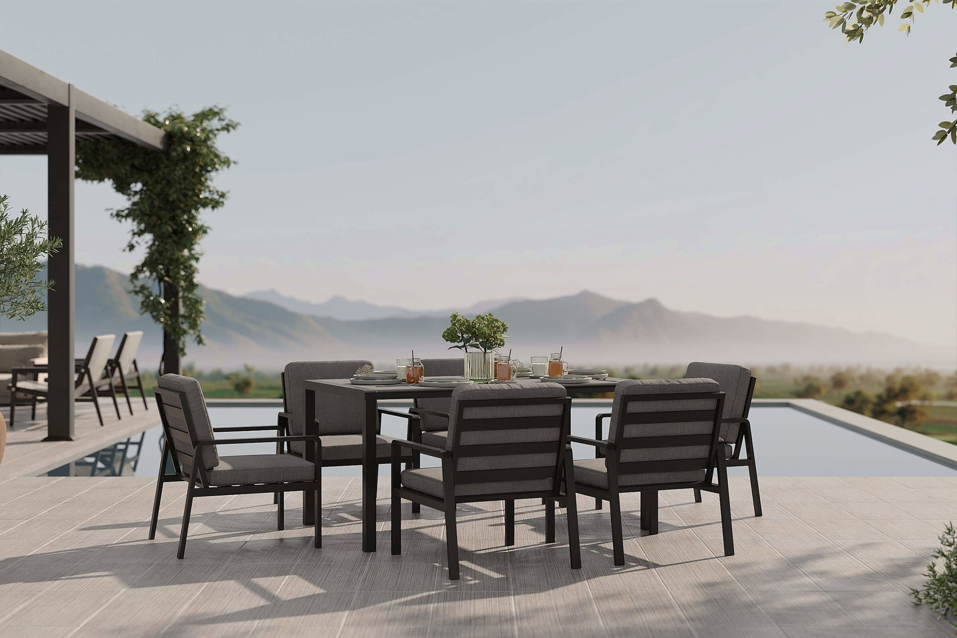 OUTFLEXX Taro Garten-Essgruppe mit 6 Sesseln, anthrazit/dunkelgrau, Aluminium/Holzimitat, Tisch 150 x 90 cm, pulverbeschichtet OUTFLEXX Taro Garten-Essgruppe mit 6 Sesseln, anthrazit/dunkelgrau, Aluminium/Holzimitat, Tisch 150 x 90 cm, pulverbeschichtet