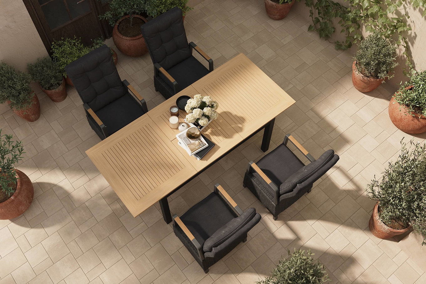 HARTMAN Nova Garten-Essgruppe mit 4 Sesseln, anthrazit/grau/natur, Alu/Polyrattan, Tisch 150/210 x 90 cm, verstellbare Rückenlehne mit Teak-Armlehnen, FSC®-zertifiziertes Produkt