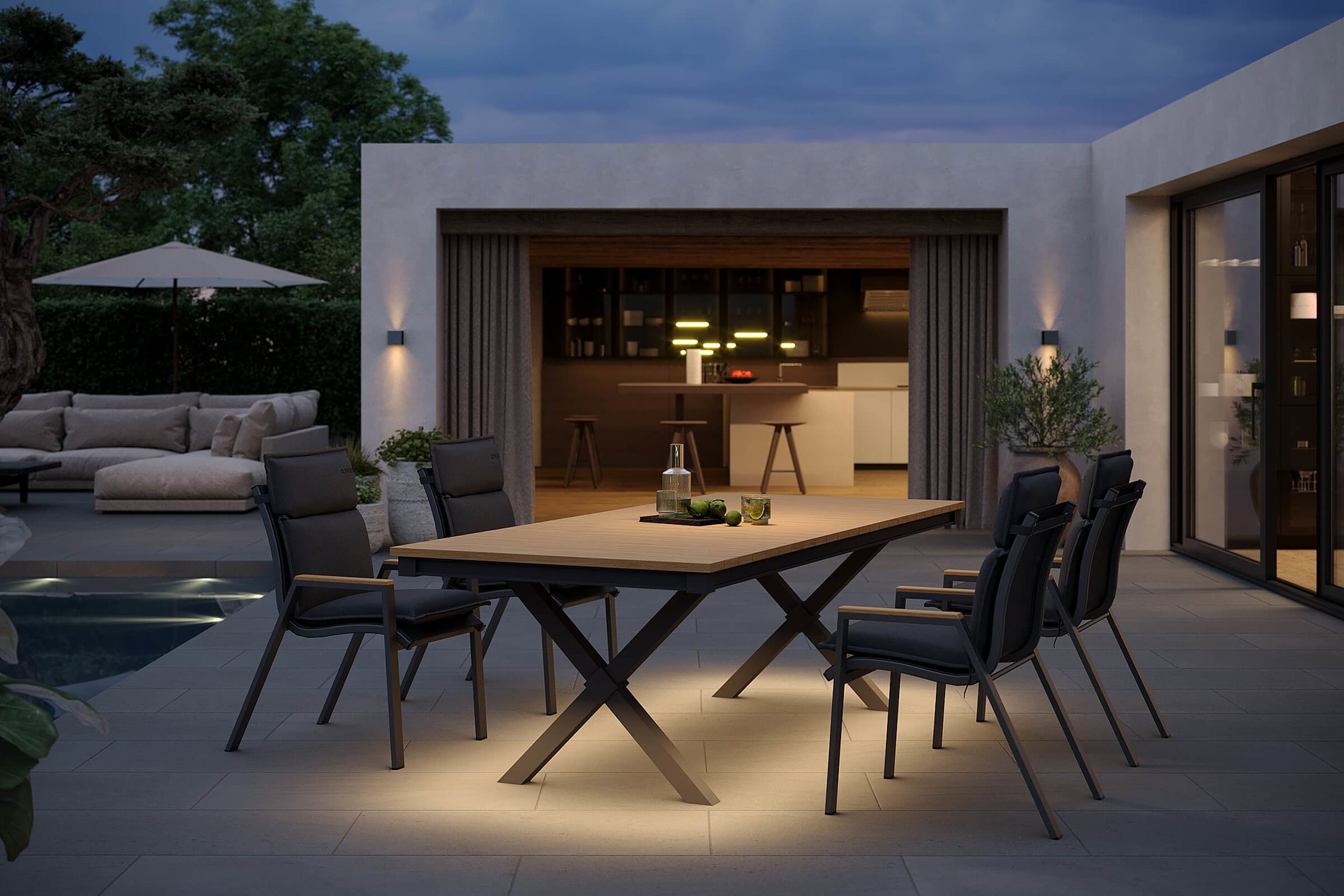 OUTFLEXX Luminara Garten-Essgruppe, anthrazit matt/natur, Alu/Holzimitat, 240 x 100 cm, 4 Stapelsessel, inkl. Auflagen, mit LED-Beleuchtung OUTFLEXX Luminara Garten-Essgruppe, anthrazit matt/natur, Alu/Holzimitat, 240 x 100 cm, 4 Stapelsessel, inkl. Auflagen, mit LED-Beleuchtung