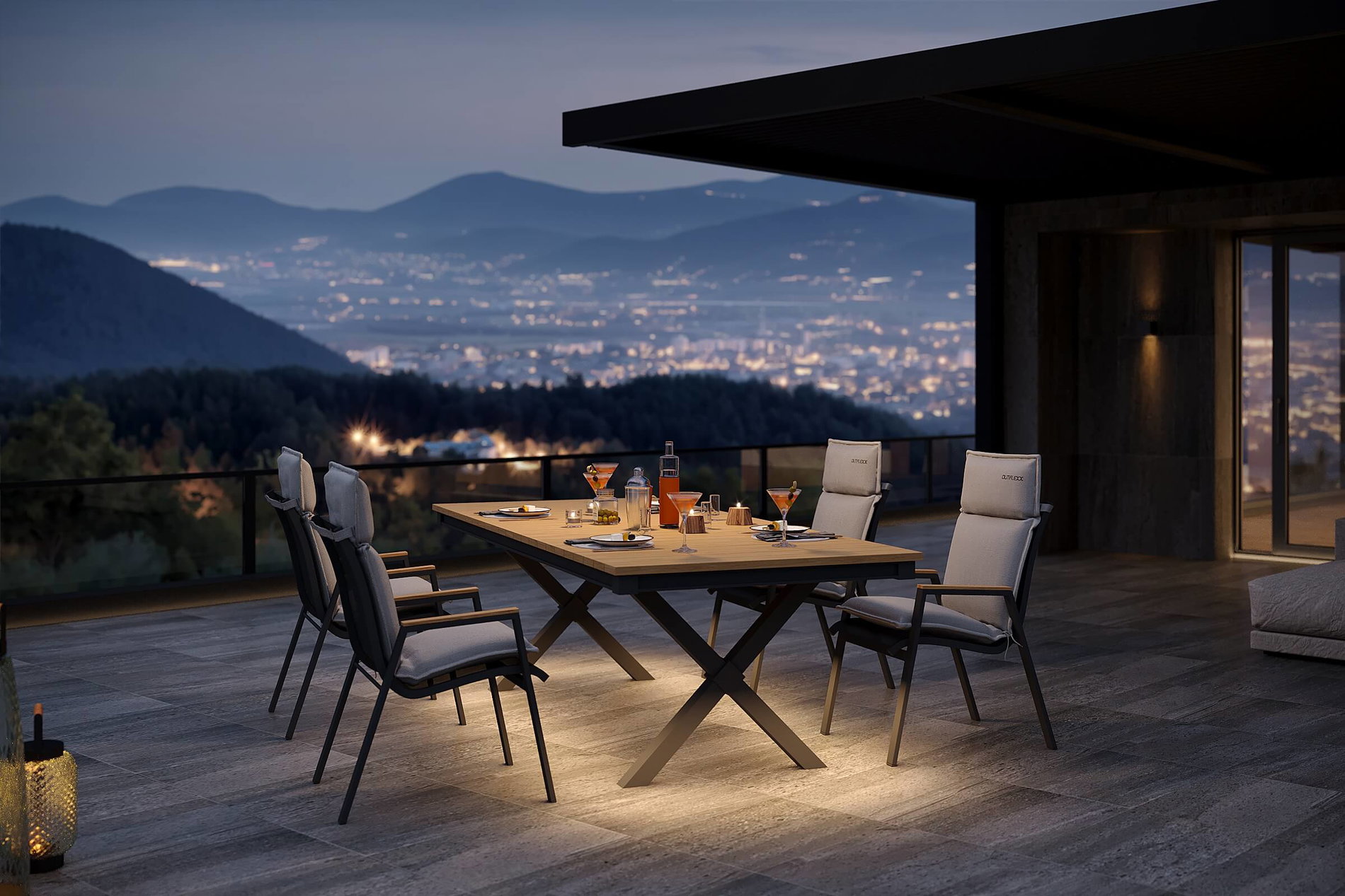 OUTFLEXX Luminara Garten-Essgruppe mit LED-Beleuchtung, anthrazit matt/natur, Alu/Holzimitat, 240 x 100 cm, 4 Stapelsessel, Auflagen inklusive OUTFLEXX Luminara Garten-Essgruppe mit LED-Beleuchtung, anthrazit matt/natur, Alu/Holzimitat, 240 x 100 cm, 4 Stapelsessel, Auflagen inklusive