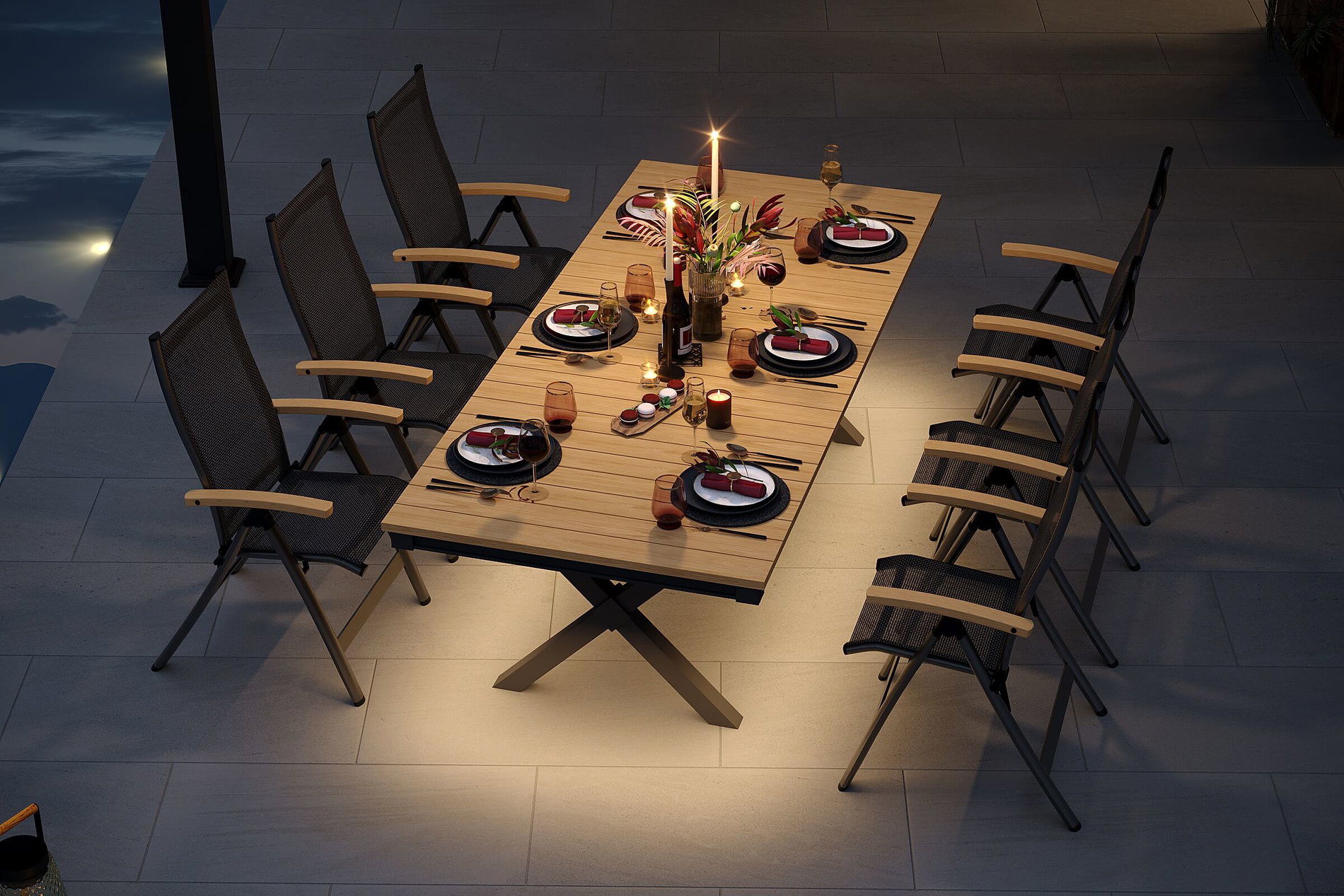 OUTFLEXX Luminara Garten-Essgruppe mit LED-Beleuchtung, anthrazit matt/natur, Aluminium/Textilen/Holzimitat, 240 x 100 cm, 6 Klappstühle