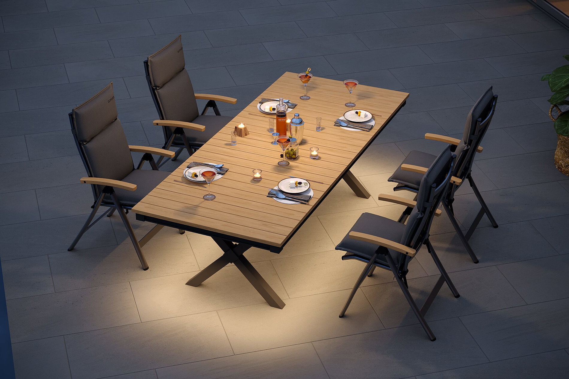OUTFLEXX Luminara Garten-Essgruppe mit LED-Beleuchtung, anthrazit matt/natur, Aluminium/Textilen/Holzimitat, 240 x 100 cm, 4 Klappstühle, inkl. Auflagen OUTFLEXX Luminara Garten-Essgruppe mit LED-Beleuchtung, anthrazit matt/natur, Aluminium/Textilen/Holzimitat, 240 x 100 cm, 4 Klappstühle, inkl. Auflagen