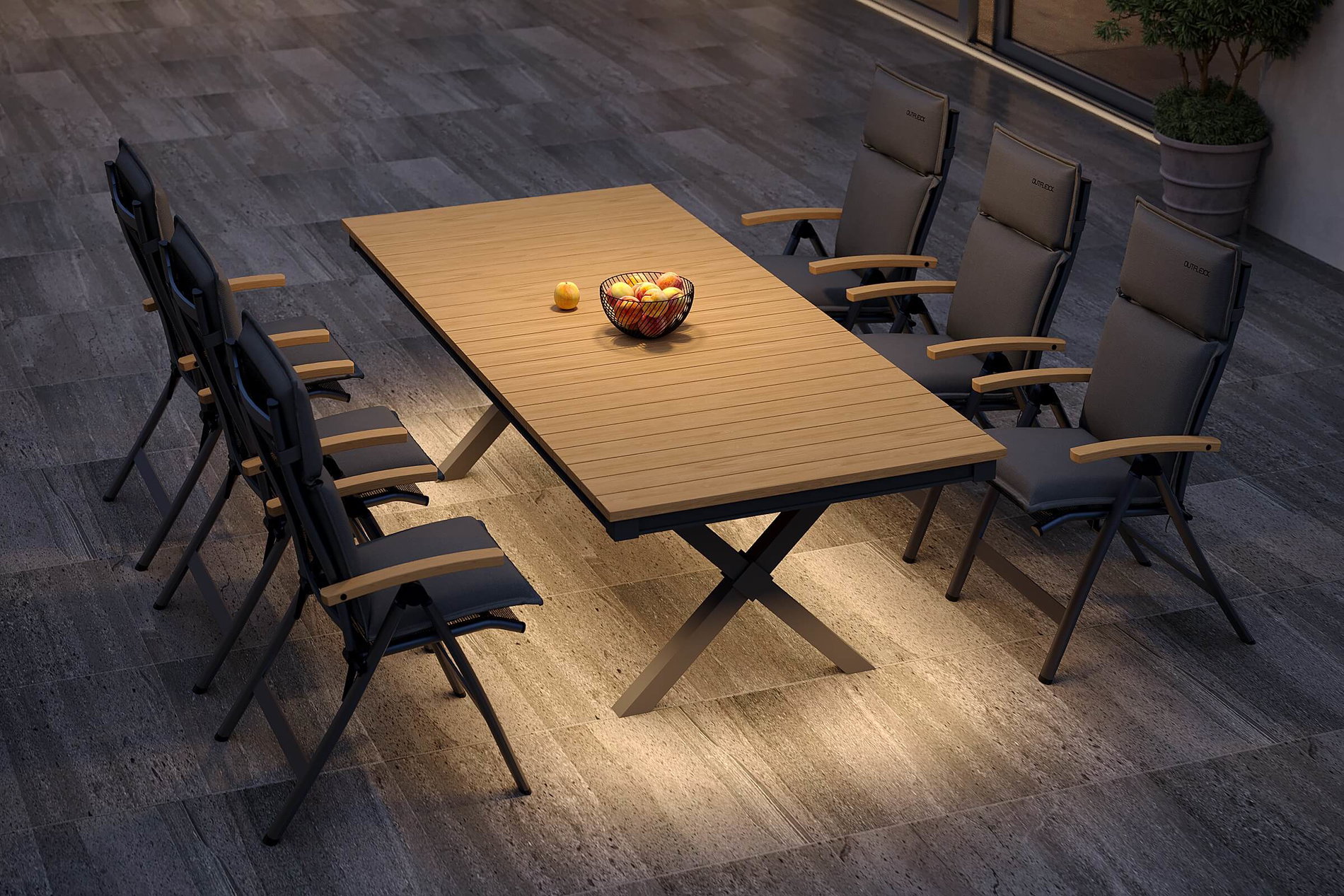OUTFLEXX Luminara Garten-Essgruppe mit LED-Beleuchtung, anthrazit matt/natur, Alu/Textilene, Tisch 240 x 100 cm, inkl. 6 Klappstühle 