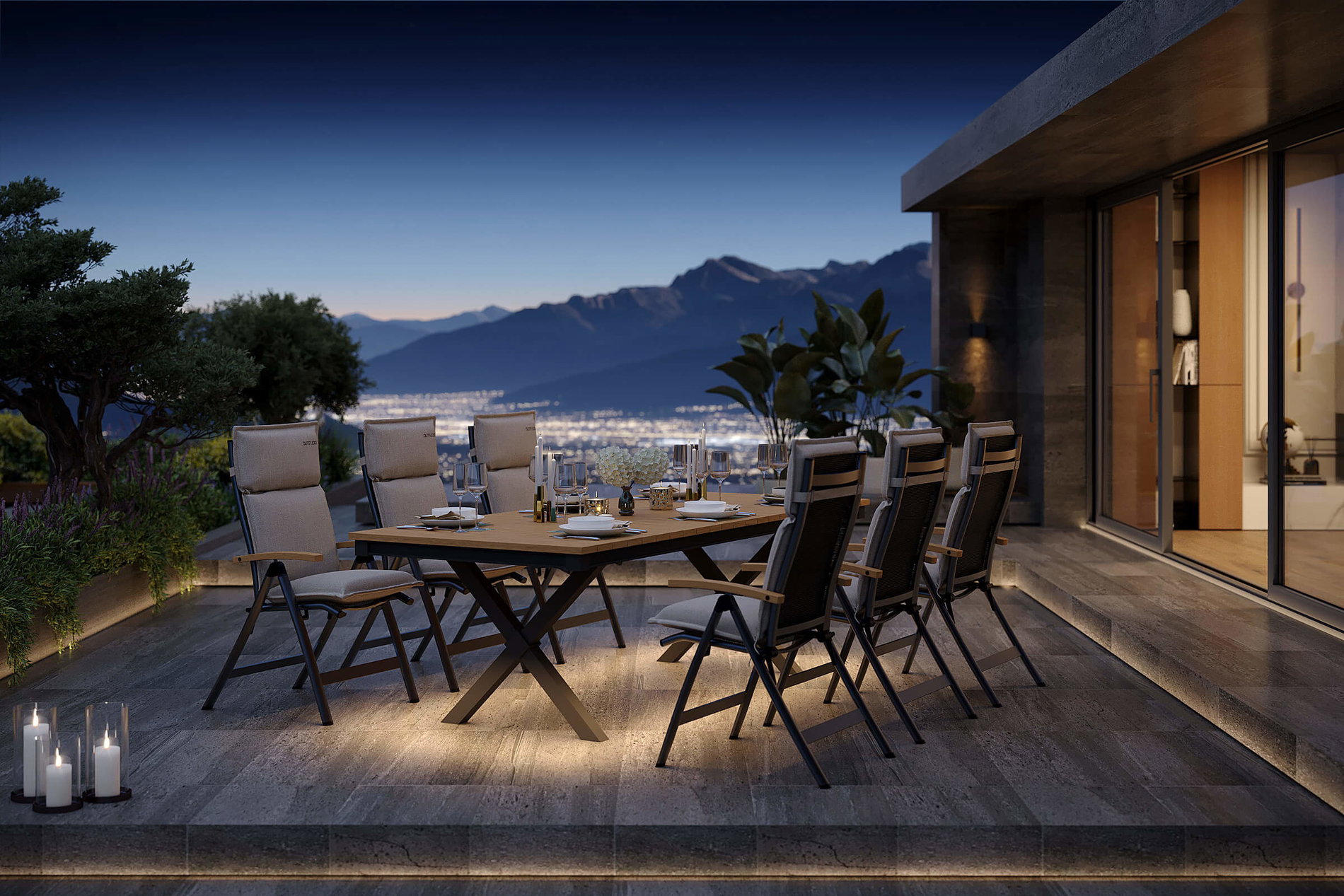 OUTFLEXX Luminara Garten-Essgruppe mit LED-Beleuchtung, anthrazit matt/natur, Alu / Textilen / Holzimitat, 240 x 100 cm, 6 Klappstühle, inkl. Auflagen OUTFLEXX Luminara Garten-Essgruppe mit LED-Beleuchtung, anthrazit matt/natur, Alu / Textilen / Holzimitat, 240 x 100 cm, 6 Klappstühle, inkl. Auflagen
