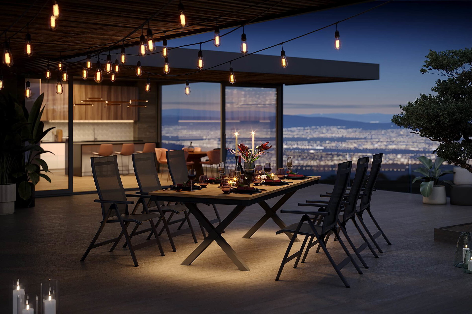 OUTFLEXX Luminara Garten-Essgruppe, anthrazit matt/natur, Alu / Holzimitat / Textilen, 240 x 100 cm, 6 Klappstühle, Tischplatte mit LED-Beleuchtung OUTFLEXX Luminara Garten-Essgruppe, anthrazit matt/natur, Alu / Holzimitat / Textilen, 240 x 100 cm, 6 Klappstühle, Tischplatte mit LED-Beleuchtung