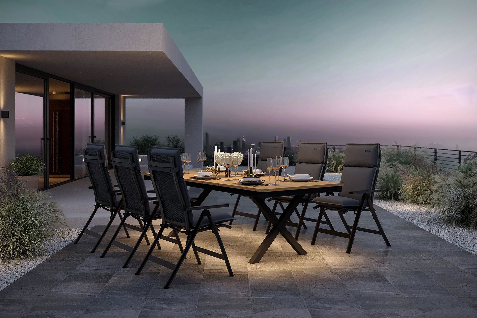 OUTFLEXX Luminara Garten-Essgruppe, anthrazit matt/natur, Alu / Textilen / Holzimitat, 240 x 100 cm, LED-Beleuchtung, 6 Klappstühle, Auflagen inklusive OUTFLEXX Luminara Garten-Essgruppe, anthrazit matt/natur, Alu / Textilen / Holzimitat, 240 x 100 cm, LED-Beleuchtung, 6 Klappstühle, Auflagen inklusive