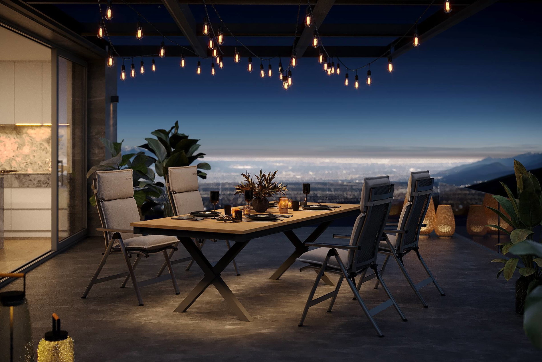 OUTFLEXX Luminara Garten-Essgruppe, anthrazit matt/natur, Alu / Holzimitat / Textilen, 240 x 100 cm, 4 Klappstühle, Auflagen in Nature, LED-Beleuchtung OUTFLEXX Luminara Garten-Essgruppe, anthrazit matt/natur, Alu / Holzimitat / Textilen, 240 x 100 cm, 4 Klappstühle, Auflagen in Nature, LED-Beleuchtung