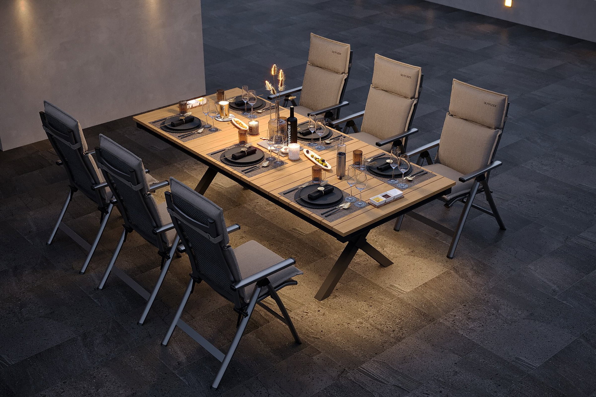 OUTFLEXX Luminara Garten-Essgruppe, anthrazit matt/natur, Alu / Textilen / Holzimitat, 240 x 100 cm, 6 Klappstühle, inkl. Auflagen, LED-Beleuchtung