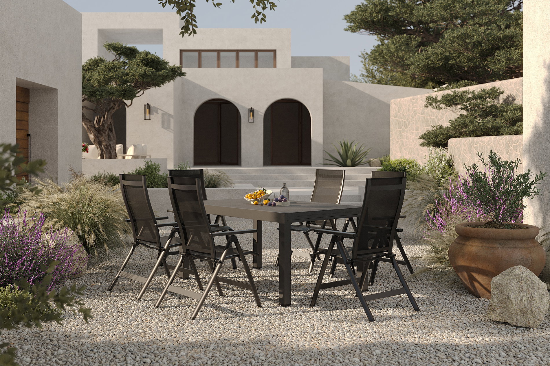 OUTFLEXX Premium Garten-Essgruppe, anthrazit matt/schwarz, Alu/Textilene/Spraystone, Tisch 160/260 x 100 cm, ausziehbar, 6 Klappstühle OUTFLEXX Premium Garten-Essgruppe, anthrazit matt/schwarz, Alu/Textilene/Spraystone, Tisch 160/260 x 100 cm, ausziehbar, 6 Klappstühle