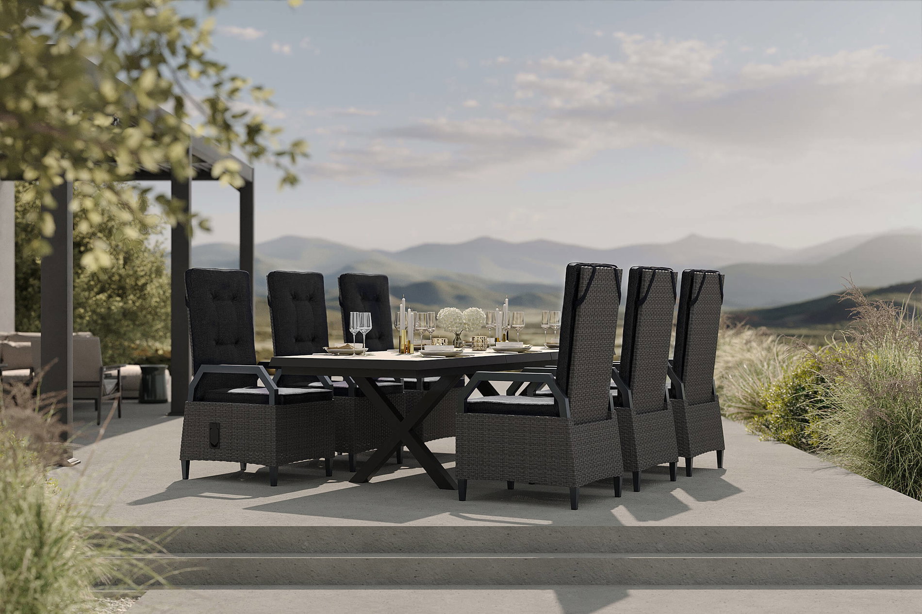 OUTFLEXX Serro Garten-Essgruppe, schwarz/grau, Aluminium/Polyrattan/Steinimitat, 200/260 x 100 cm, ausziehbar, 6 Diningsessel