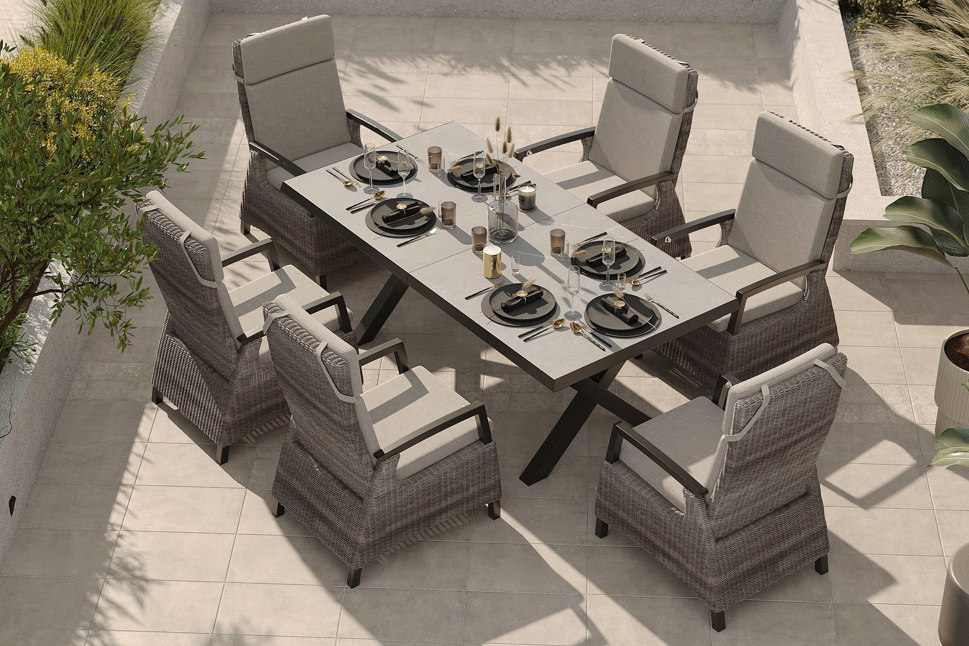 SIENA GARDEN Garten-Essgruppe, schwarz/grau, Alu/Polyrattan, Tischplatte ausziehbar 200/260 x 100 cm, inkl. 6 Diningsessel SIENA GARDEN Garten-Essgruppe, schwarz/grau, Alu/Polyrattan, Tischplatte ausziehbar 200/260 x 100 cm, inkl. 6 Diningsessel