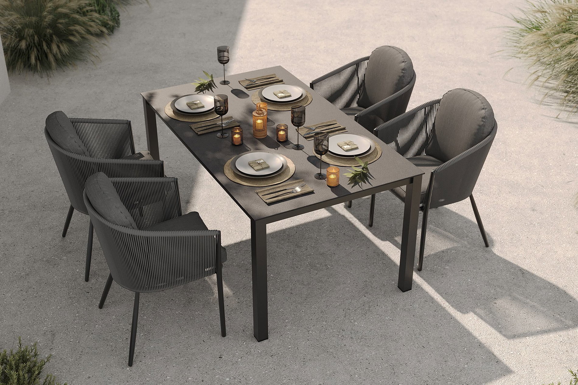 OUTFLEXX Tavio Garten-Essgruppe, anthrazit matt/dunkelgrau, Alu/Rope-Geflecht/Spraystone, 160 x 95 cm, 4 Diningsessel