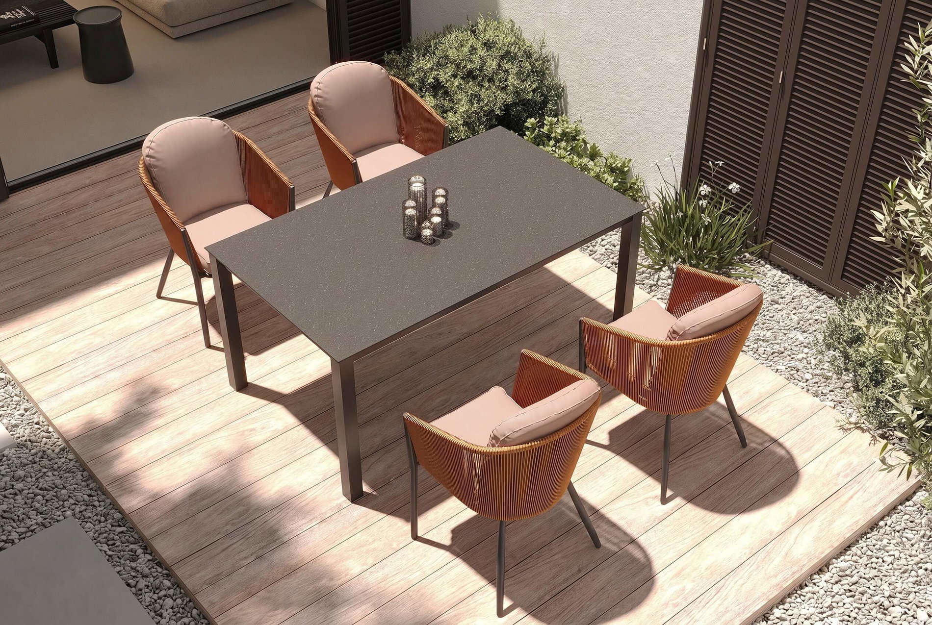 OUTFLEXX Tavio Garten-Essgruppe, anthrazit matt/orange, Alu/Rope-Geflecht, Spraystone-Tischplatte 160 x 95 cm, 4 Diningsessel OUTFLEXX Tavio Garten-Essgruppe, anthrazit matt/orange, Alu/Rope-Geflecht, Spraystone-Tischplatte 160 x 95 cm, 4 Diningsessel