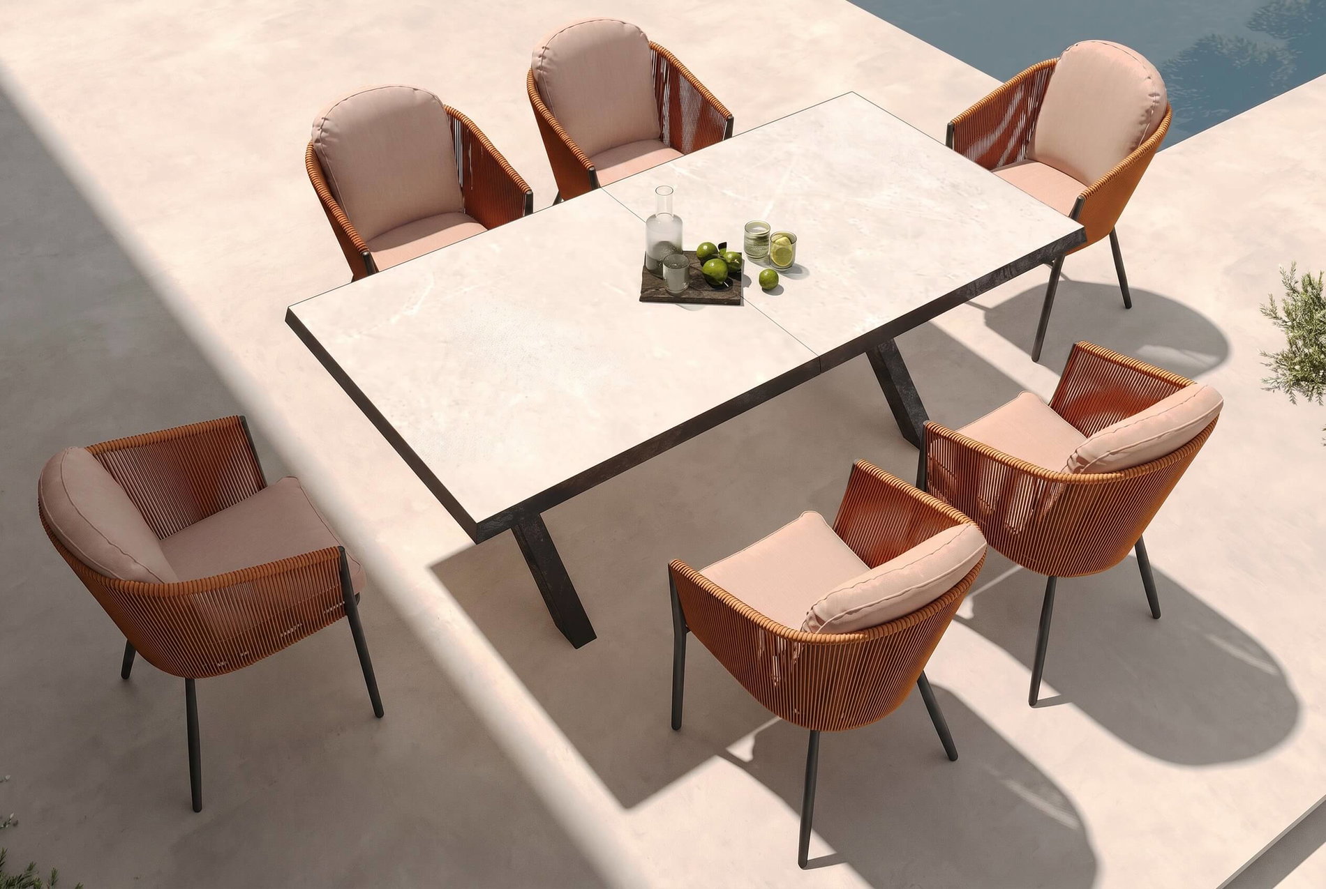 OUTFLEXX Tavio Garten-Essgruppe, schwarz/orange, Alu/Rope-Geflecht, Tisch 200/260 x 100 cm, 6 Diningsessel, ausziehbar