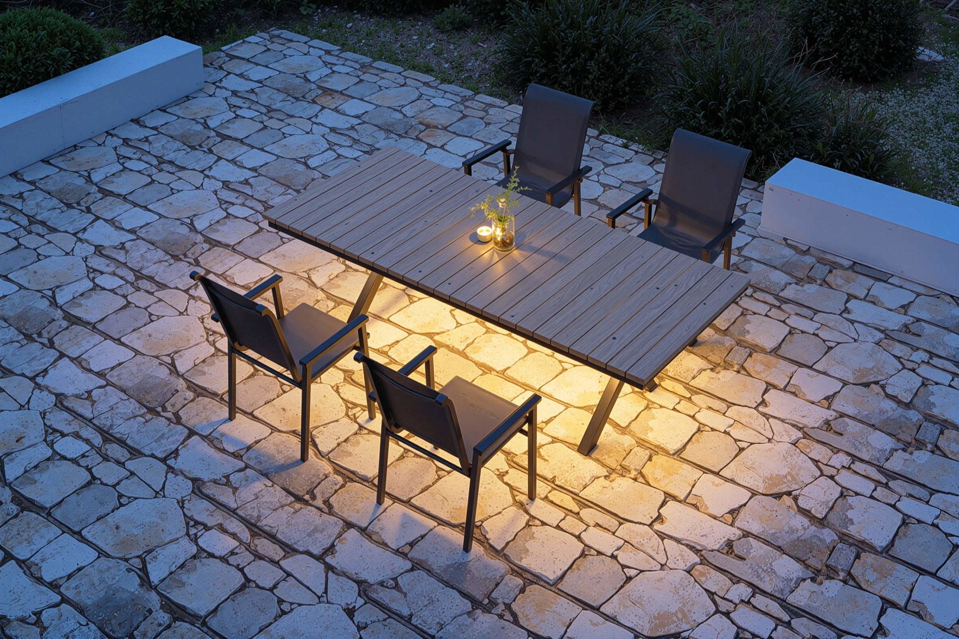 KETTLER BasicPlus Pro Garten-Essgruppe, anthrazit/natur, Alu/Holzimitat, LED-Beleuchtung, Tischplatte 240 x 100 cm, 4 Stapelsessel KETTLER BasicPlus Pro Garten-Essgruppe, anthrazit/natur, Alu/Holzimitat, LED-Beleuchtung, Tischplatte 240 x 100 cm, 4 Stapelsessel