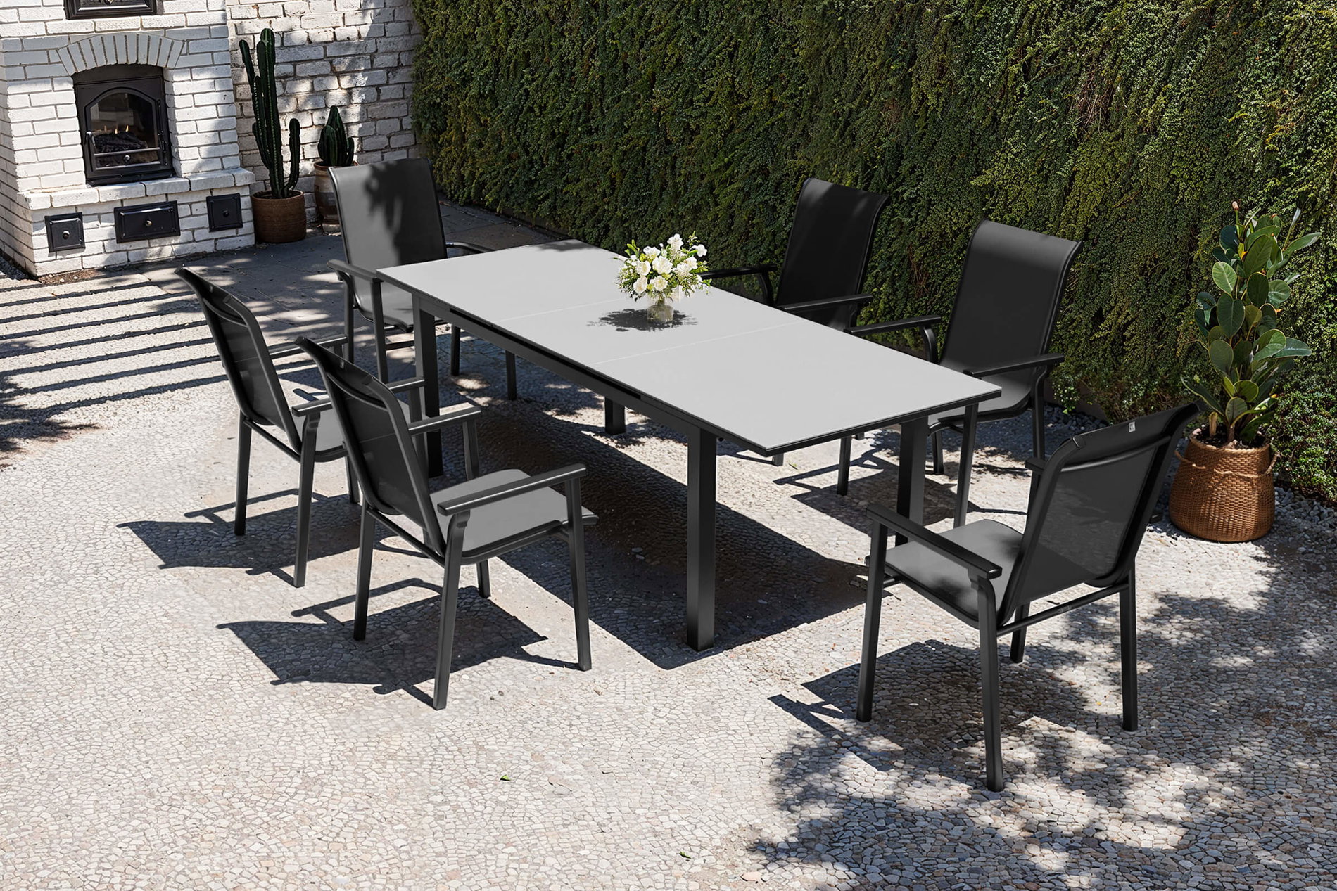 KETTLER BasicPlus Pro Garten-Essgruppe, anthrazit, Alu/Textilene, Tisch 180/240 x 90 cm, 6 Stapelsessel KETTLER BasicPlus Pro Garten-Essgruppe, anthrazit, Alu/Textilene, Tisch 180/240 x 90 cm, 6 Stapelsessel