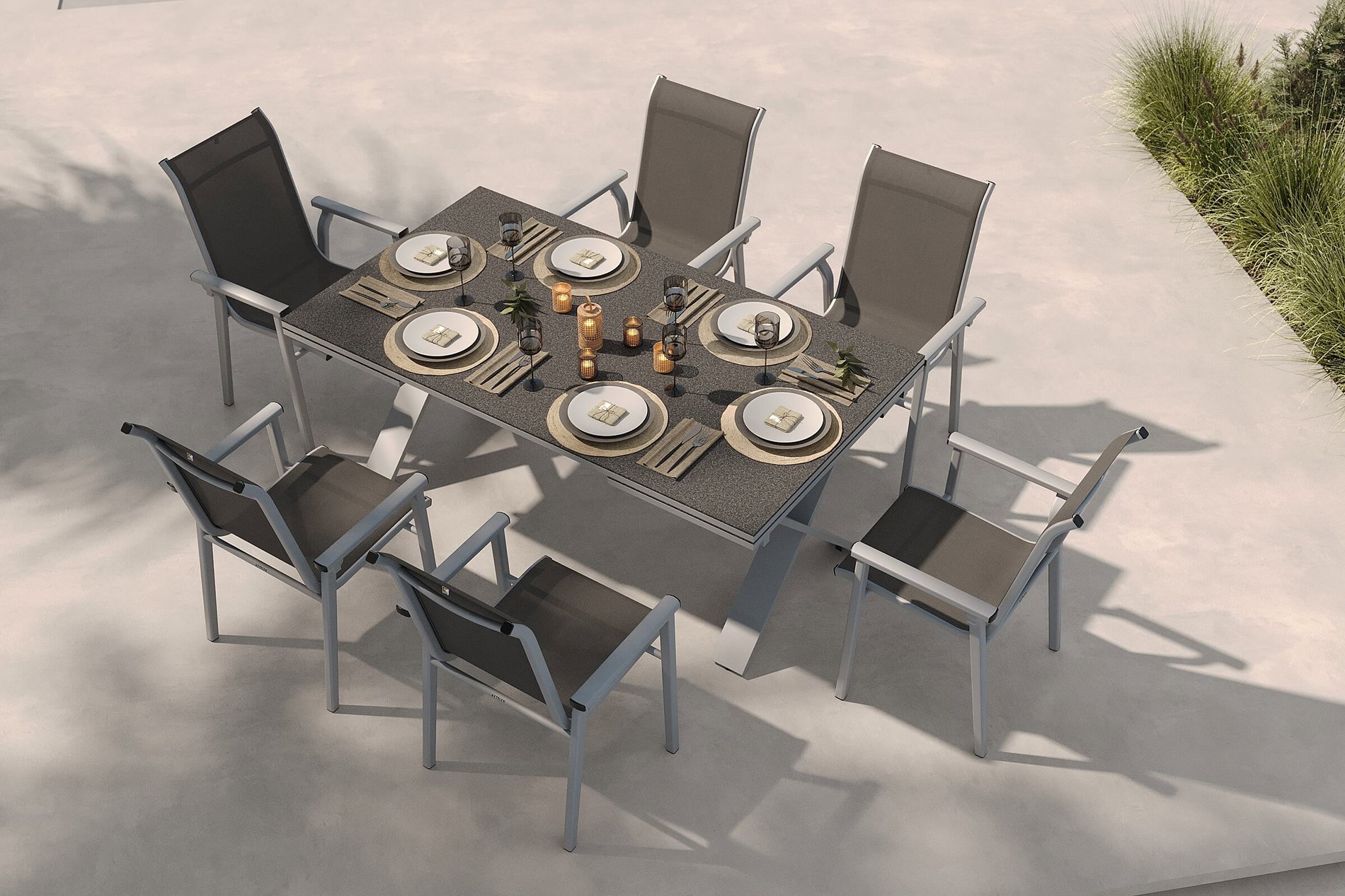 KETTLER BasicPlus Pro Garten-Essgruppe, silber/anthrazit, Alu/Textilene, ausziehbarer Tisch 180/280 x 100 cm, 6 Stapelsessel KETTLER BasicPlus Pro Garten-Essgruppe, silber/anthrazit, Alu/Textilene, ausziehbarer Tisch 180/280 x 100 cm, 6 Stapelsessel