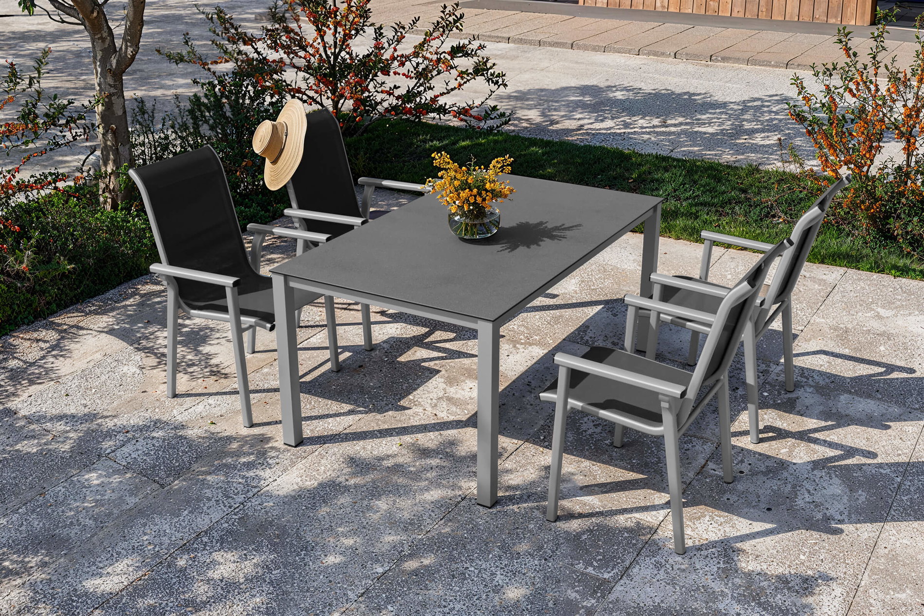 KETTLER BasicPlus Pro Garten-Essgruppe, silber/anthrazit, Alu/Textilene, Esstisch 160 x 95 cm, 4 Stapelsessel KETTLER BasicPlus Pro Garten-Essgruppe, silber/anthrazit, Alu/Textilene, Esstisch 160 x 95 cm, 4 Stapelsessel