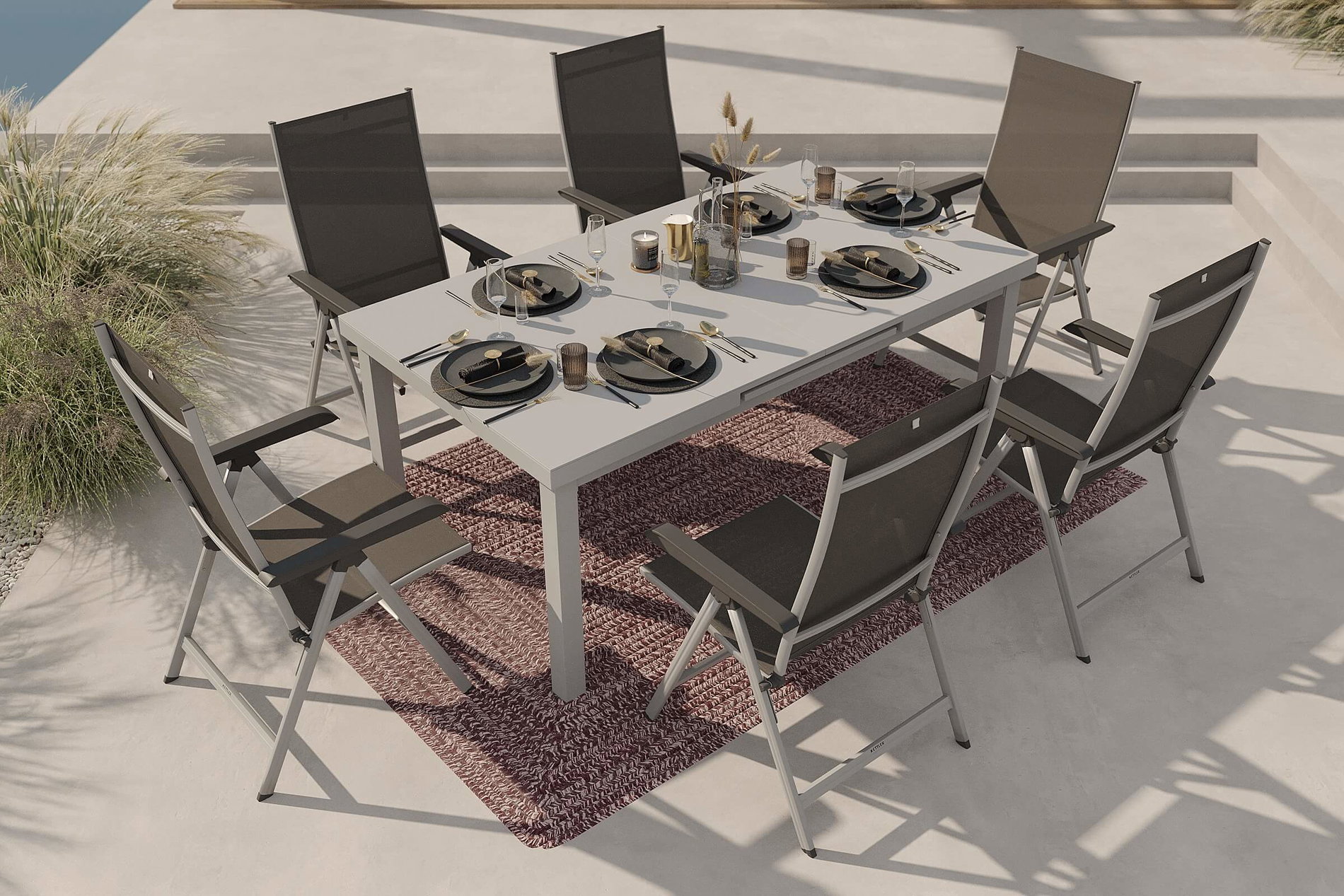 KETTLER Garten-Essgruppe mit 6 Klappstühlen und Outdoor-Teppich, silber/anthrazit/rot-weiß, Aluminium/Textilene, ausziehbarer Tisch 180/240 x 100 cm KETTLER Garten-Essgruppe mit 6 Klappstühlen und Outdoor-Teppich, silber/anthrazit/rot-weiß, Aluminium/Textilene, ausziehbarer Tisch 180/240 x 100 cm