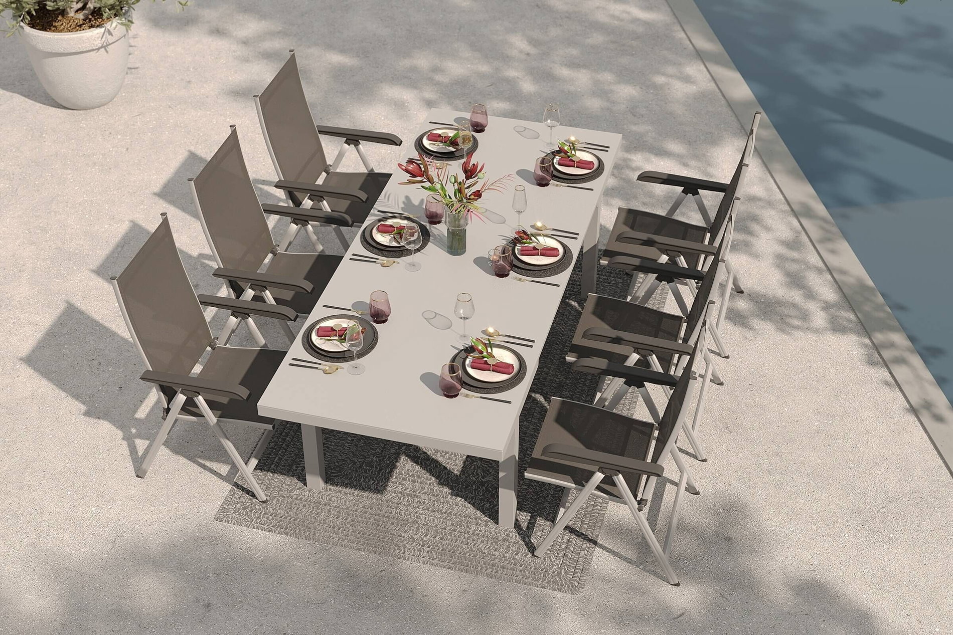KETTLER Garten-Essgruppe mit 6 Klappstühlen und Outdoor-Teppich, silber/anthrazit/aluminium-weiß, Alu/Textilene/PET-Garn, ausziehbarer Tisch 180/240 x 100 cm KETTLER Garten-Essgruppe mit 6 Klappstühlen und Outdoor-Teppich, silber/anthrazit/aluminium-weiß, Alu/Textilene/PET-Garn, ausziehbarer Tisch 180/240 x 100 cm